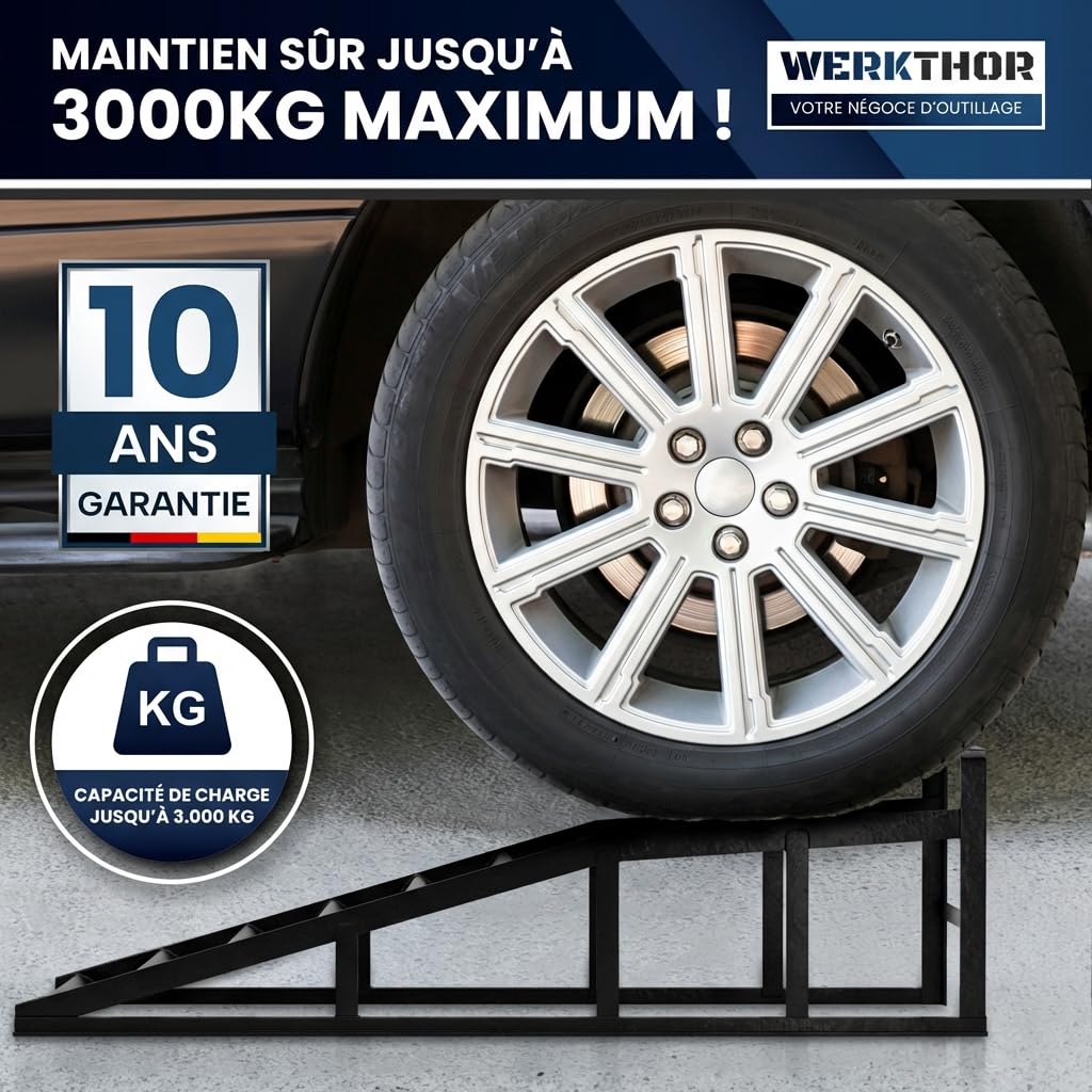 WERKTHOR [Lot de 2 Noir] Rampes d'Accès Métal Voiture, Rampe Voiture Levage Adhérence Maximale, Pont Mobile Voiture, Rampe Voiture Vidange Résistante Toutes Surfaces