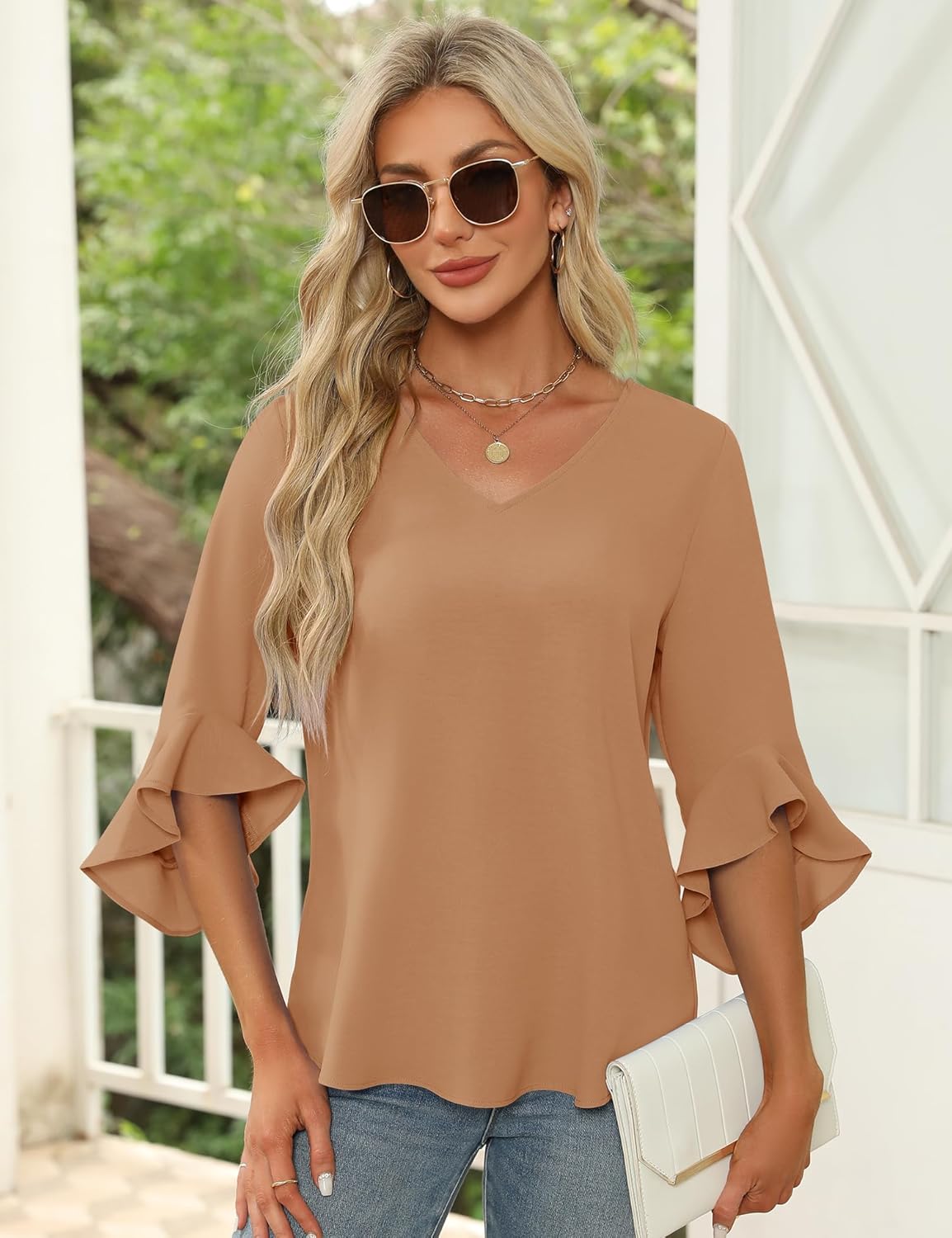 Qirno Chiffon Blouses for Women Ruffle 3/4 Sleeve Dressy V Neck Casual Flowy Tunic Tops - Image 3