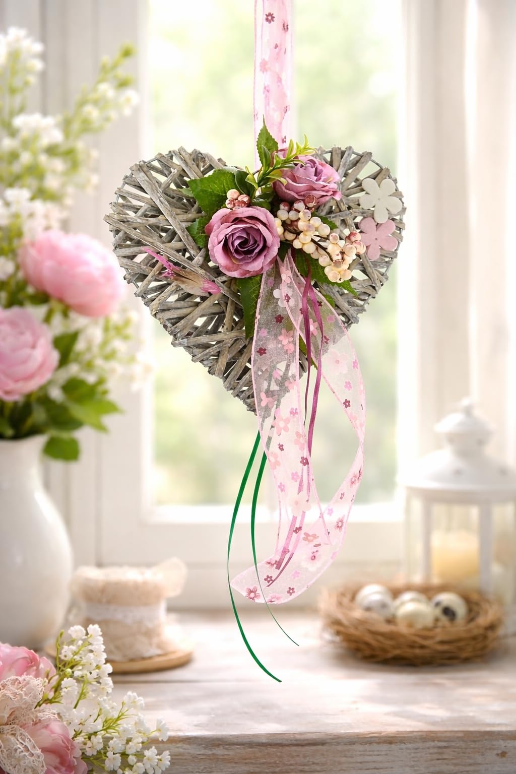 Dekohänger aus Holz Kranz Kränze Herzform Blumengesteck Rosenköpfe Türkranz Wandkranz Valentinstag Hochzeitsdeko romantische Dekoration, Rosen
