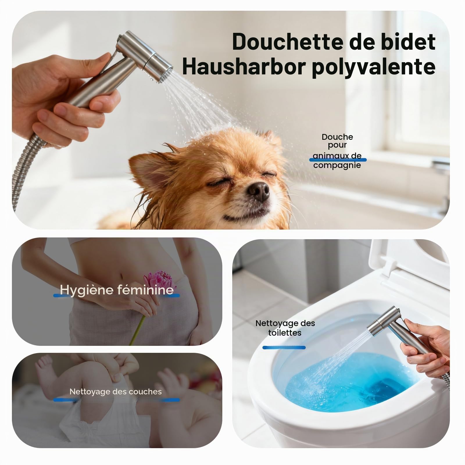 Douchette Toilette, WC Kit Complet,Kit WC, Pulvérisateur Pour l'hygiène Personnelle Quotidienne, Pomme de Douche Toilette avec Tuyau, Adaptateurs G1/2' et G3/8', Argent