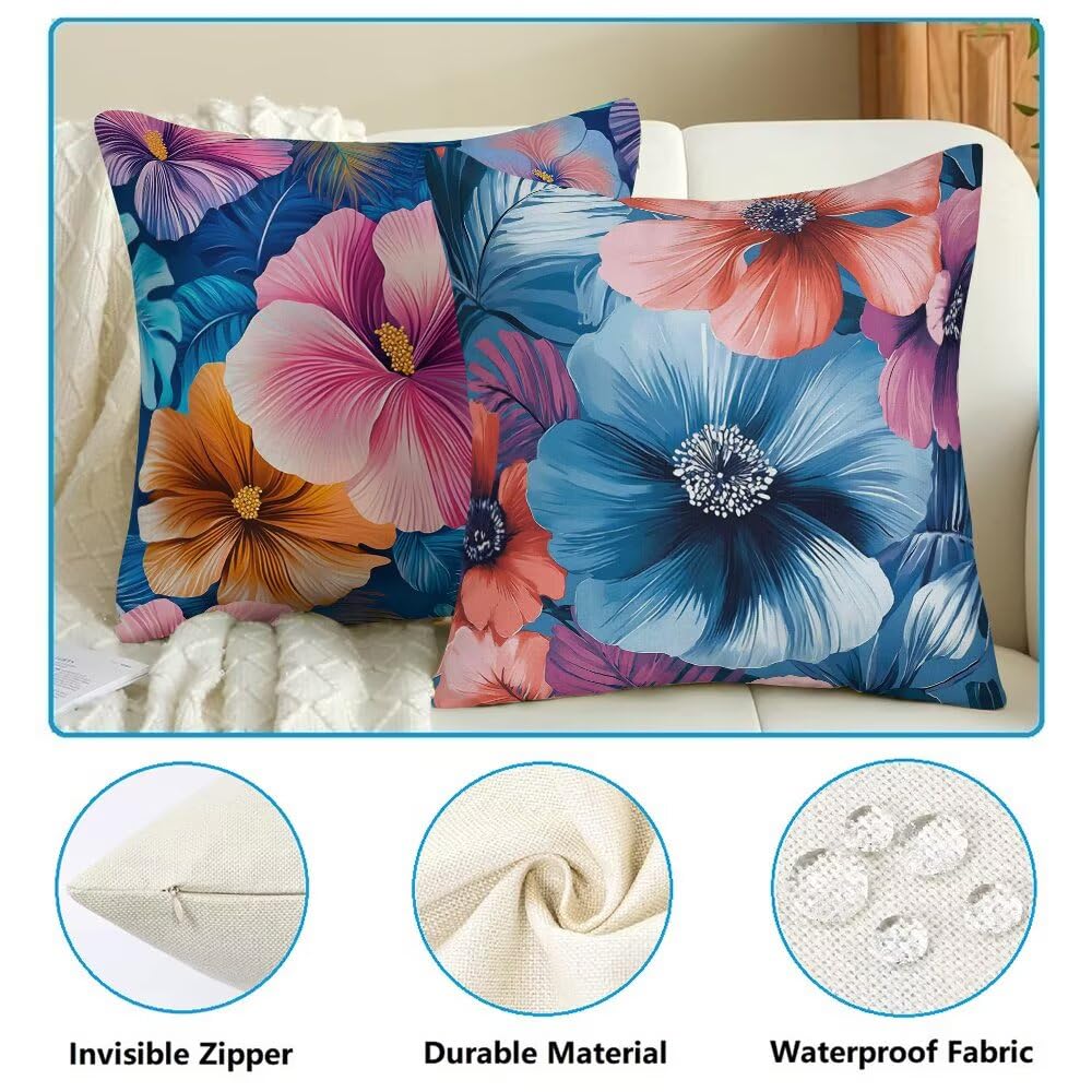 Federe Cuscini da Esterno Impermeabili 65x65 Blu Copri Cuscini per Divano Fiori Federa Cuscino Nordico Decorativi Copricuscini per Divano Giardino Patio Soggiorno Copricuscino Set di 2 (IU67)