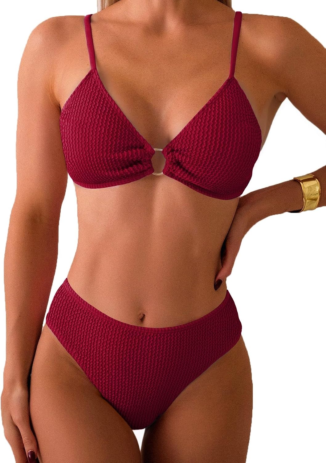 Fanuerg Women's Ribbed Triangle Bikini Sets O Ring Linked Two Piece Swimsuit Textured Cheeky Swim Bathing Suit