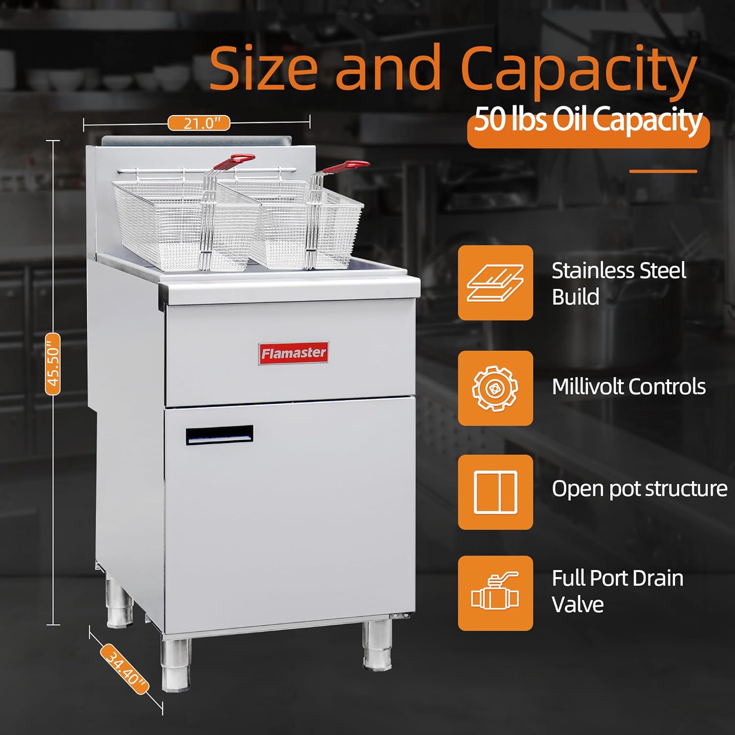 Commercial Open Pot Fryer with 2 Baskets, 122000 BTU 50-60 Lbs Oil Capacity Liquefied Fryer (Propane), Only Commercial Use Deep Fryer for Restaurants, Food Trucks-Floor Standing