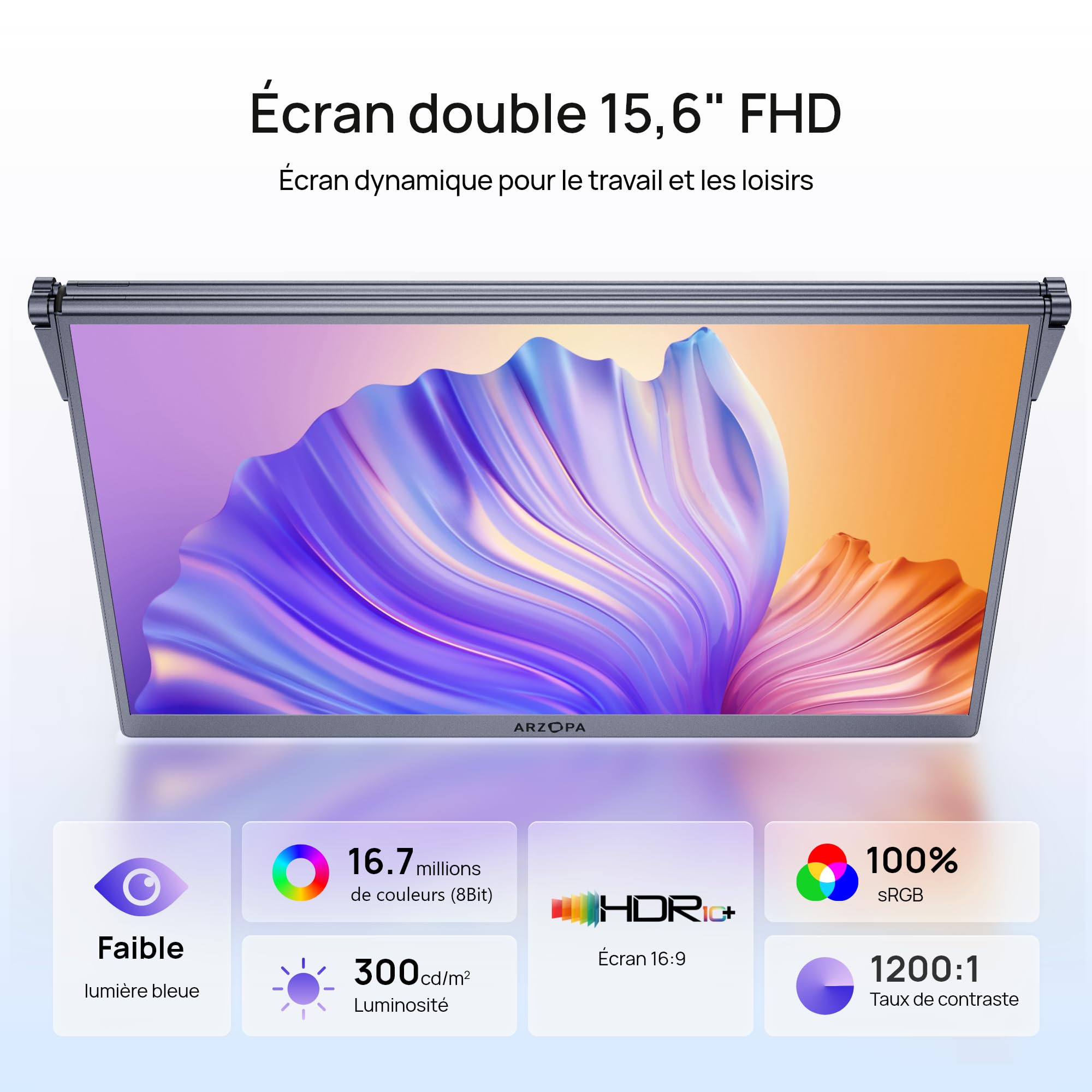 ARZOPA Moniteur Portable Double 15,6" Écran FHD IPS 100% sRGB, Pliant Extension pour Laptop, USB-C & HDMI avec Réglable, pour Mac PC Windows Gaming Télétravail Bureau Voyage-E1