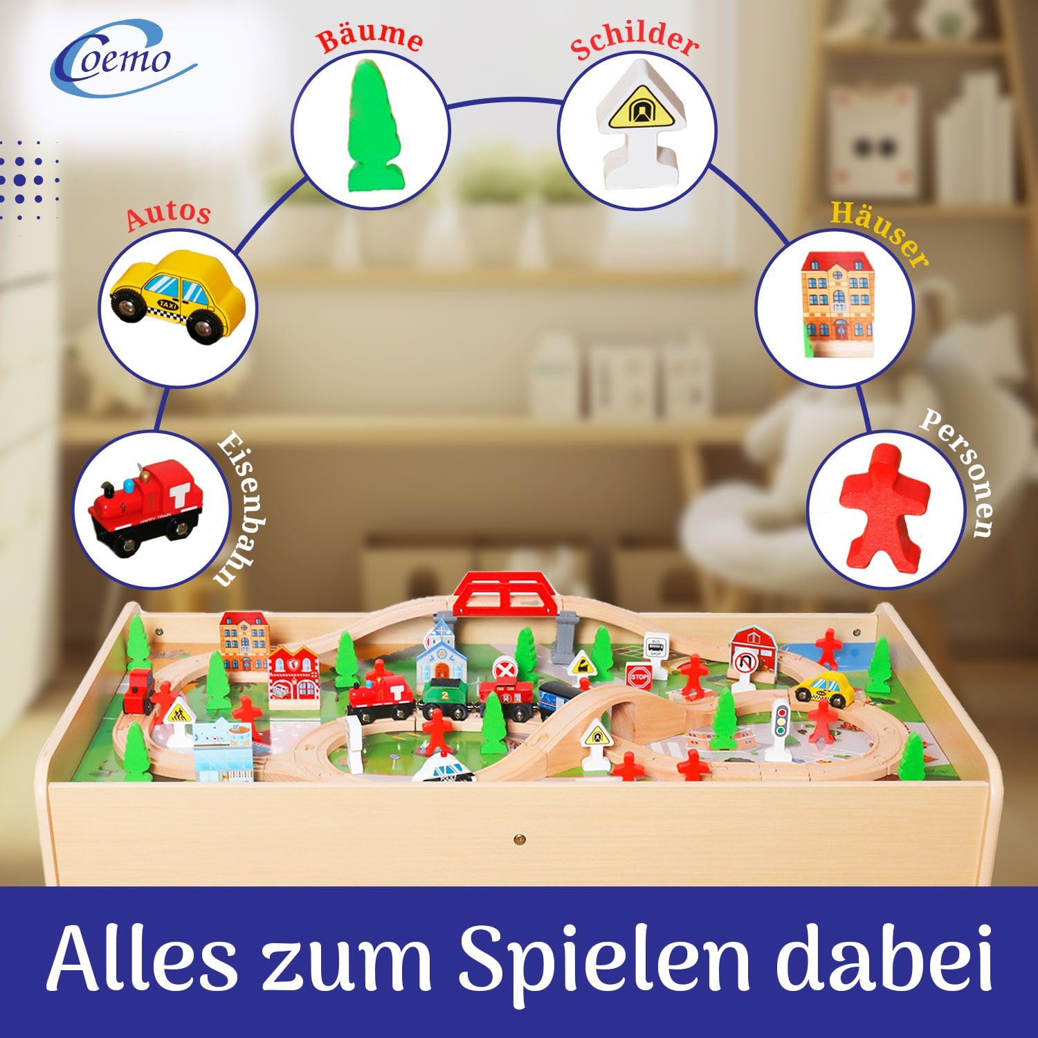Coemo Spieltisch inkl. Set 90-TLG. Holzeisenbahn, Natur, Motorikspielzeug | Mit umkehrbarer, abnehmbarer Tischplatte, Gleise, Zug, Geschenk für Kleinkinder, Jungen und Mädchen ab 3 Jahren