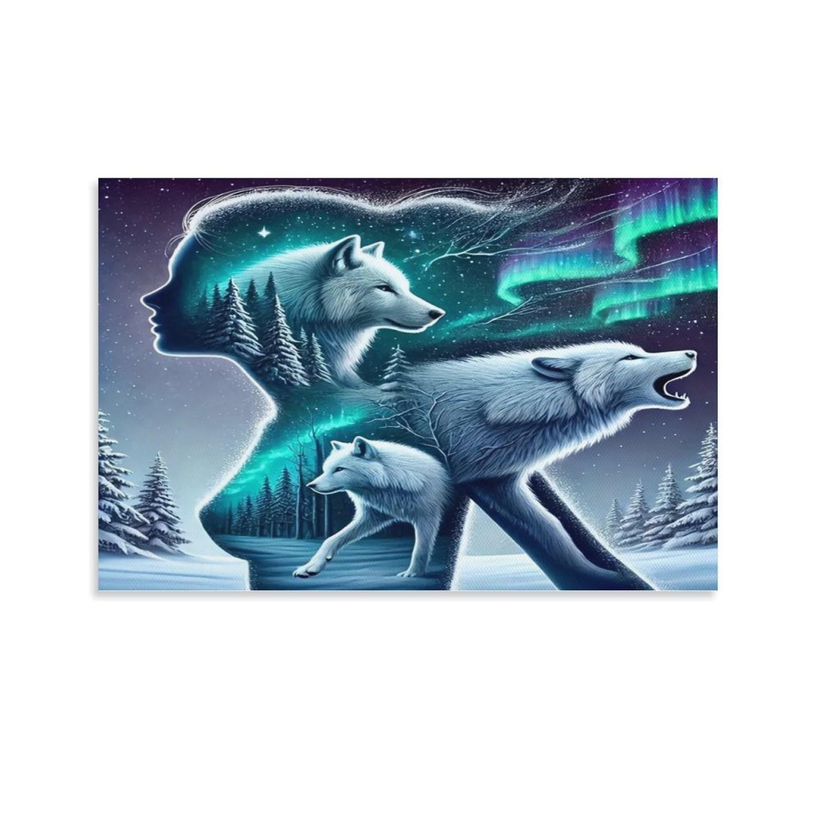 CPLVKWRQJ Snowy Wolf in Winter Forest 1 Piece Wolf Silhouette Lady Aurora Winter Double Art Canvas Wall Hanging - Nursery Space Saving Removable Ready to Hang Wall Decor 08x12inch(20x30cm)