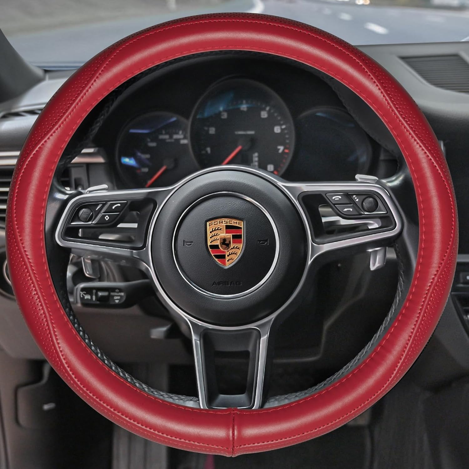 HAOKAY Top Grade Red Genuine Leather Steering Wheel Cover Women, Luxury Steering Wheel Cover for Cars, SUVS and Trucks，Universal 14.5-15 inch - Image 2