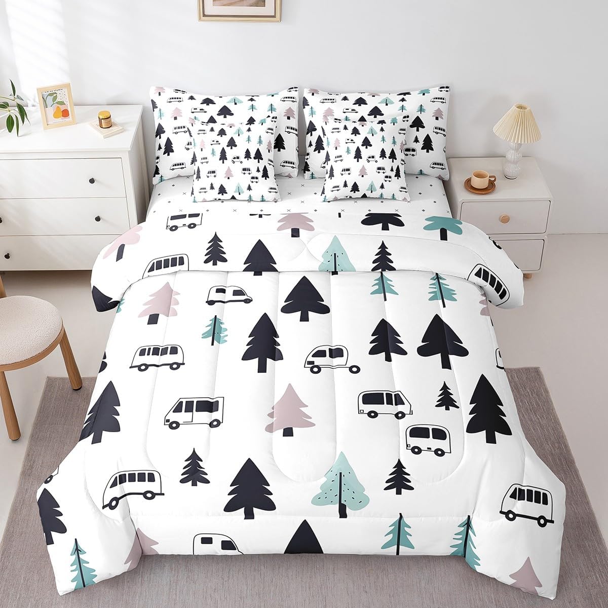 Erosebridal Camper Decor Bed in a Bag Queen Comforter Set 7 Piece,Happy Camping Bedding Sets Camp Travel Car Sheet Set with Comforter,Retro Rustic Farmhouse Bed Set