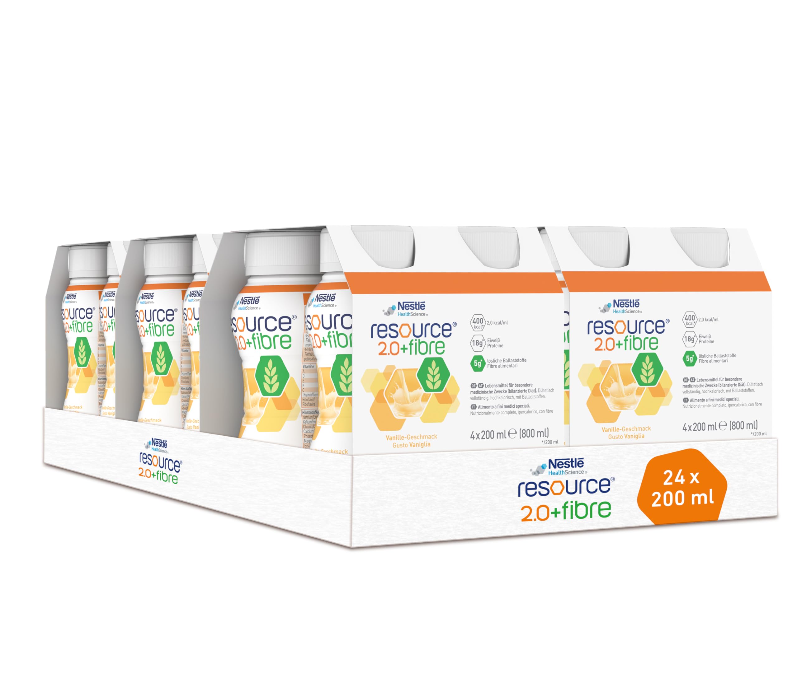 resource® 2.0+fibre Vanille | 24x200ml | Hochkalorische Trinknahrung bei ungewolltem Gewichtsverlust | Astronautennahrung | Aufbaunahrung | 400 Kalorien + 18g Eiweiß/Flasche | mit Ballaststoffen