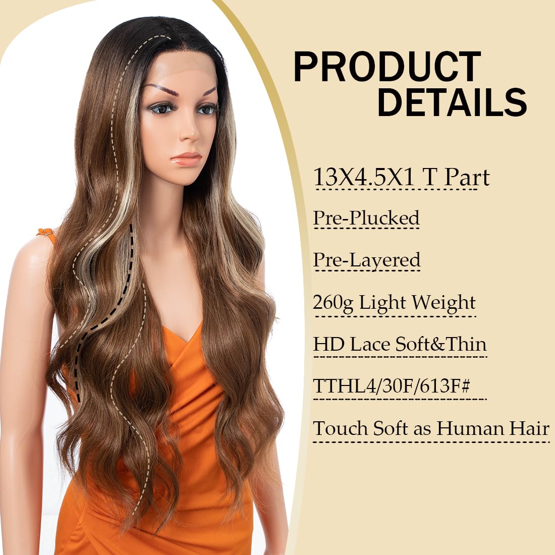 TTHL 30 Inch Body Wave Long Synthetic Lace Front Wig - 13X4.5X1, 180 Density, Heat Resistant, Flax Brown, Blonde, Pre Plucked - Image 3