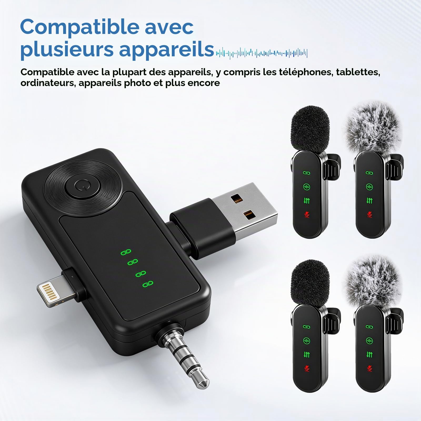 Lot de 4 microphones cravate sans fil avec écran LED, micro cravate à clipser, mini microphone avec réduction du bruit pour enregistrement vidéo, vlogging TikTok