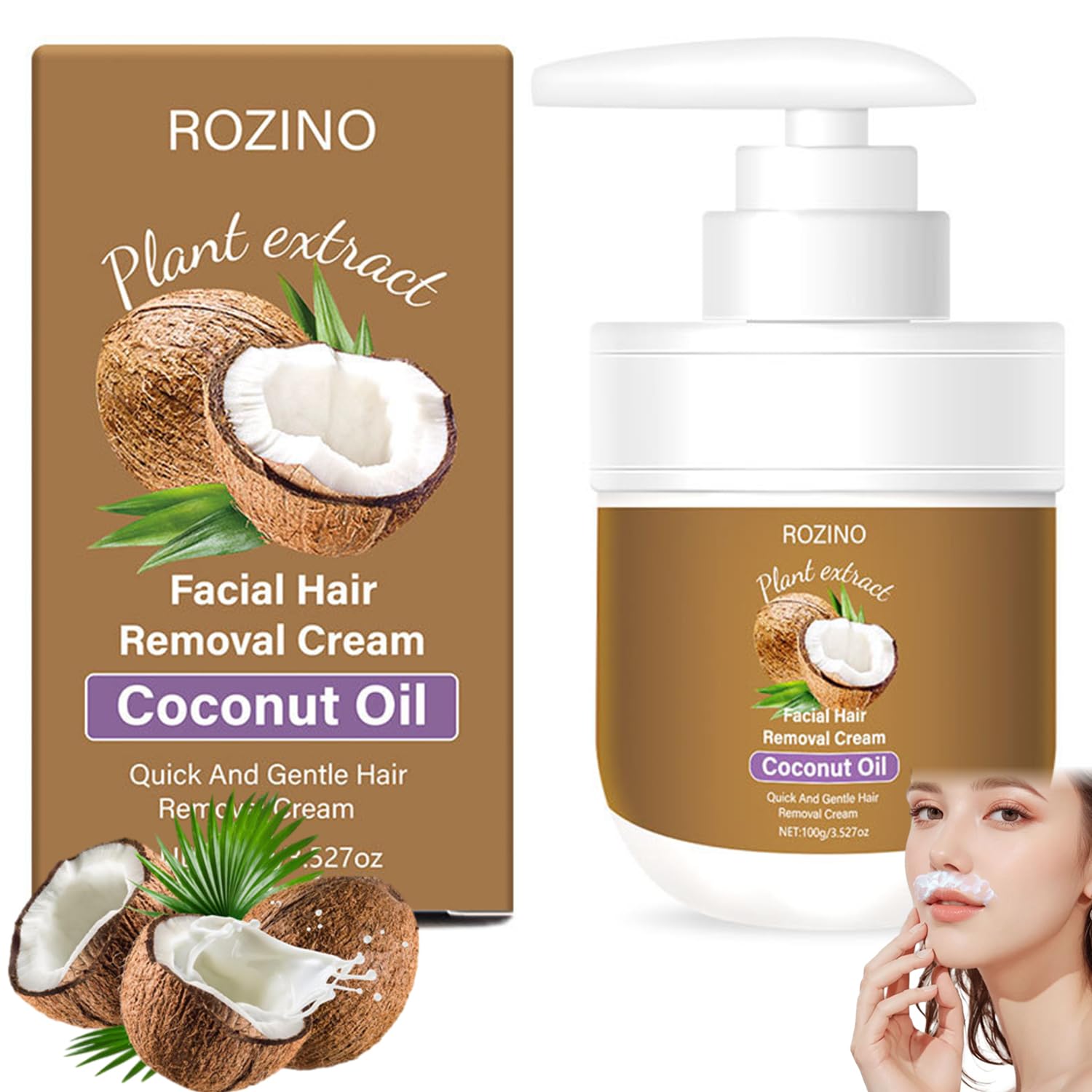 Rosino Coconut Oil Facial Hair Removal, Coconut Facial Depilatory Cream, Body Facial Hair Removal Cream for Women Upper Lip and Chin (1)