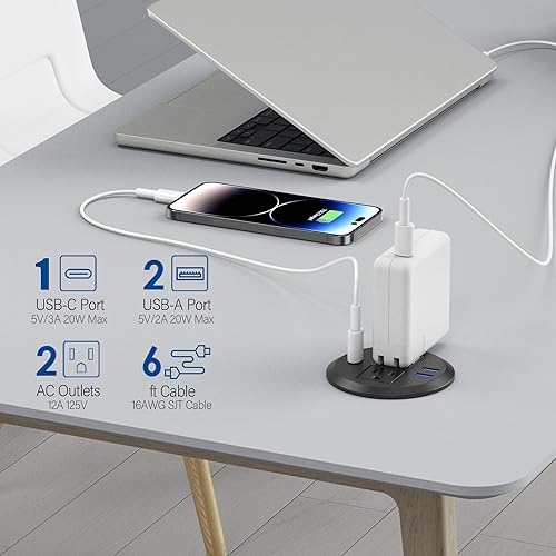 Vista 16 de Ojal de alimentación empotrado con salidas de CA, puerto USB-C de carga rápida de 20 W - Montaje empotrado para escritorio, toma de escritorio Negro
