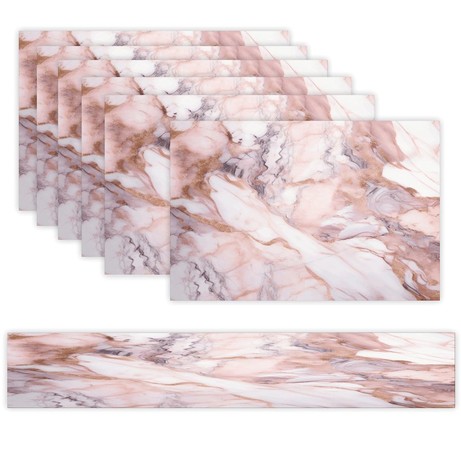 Pink White Marble Pattern Table Runner and Placemats Set of 6 for Kitchen Washable Table Mats Heat Resistant Place Mats Non-Slip Place Mat Wipeable Placemat(6 Placemats+1 Table Runner)