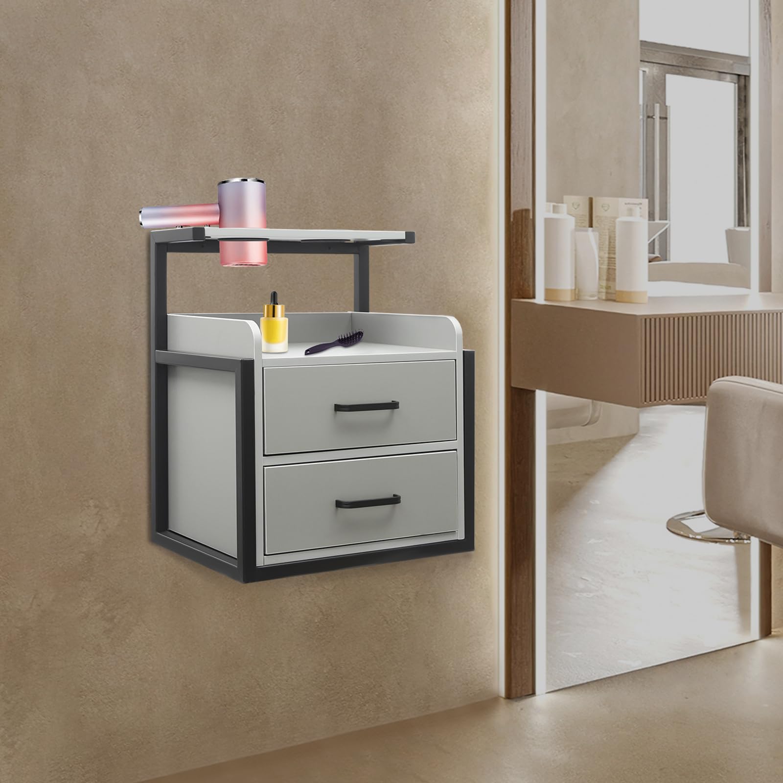 KWCWB Suspended Salon Wall Cabinet - Wall Mounted Salon Storage Cabinet with 2 Drawers and Hair Dryer Holder, Space-Saving Design for Spas, Barber Shops, Salons and Locker Rooms (Grey-Black)