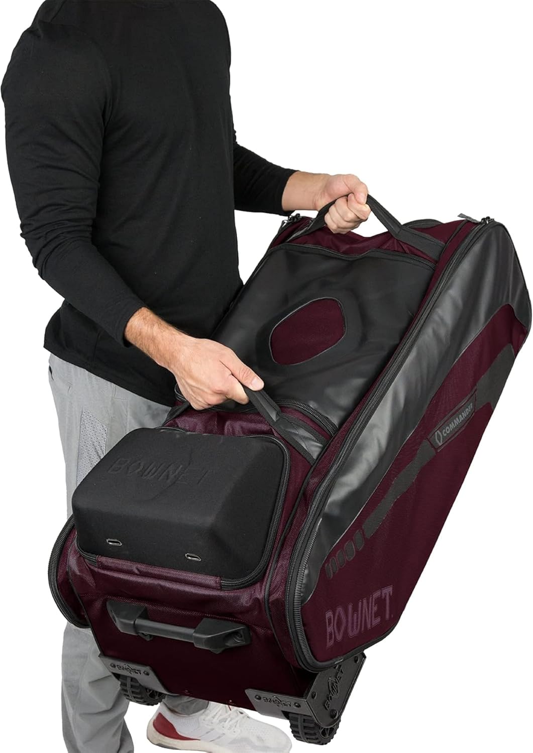 Bownet Commander Catcher’s Gear Bag with Wheels – Heavy Duty Rolling Baseball & Softball Equipment Bag, 14 Pockets, Helmet Case, Big Trax Wheels, Travel Approved