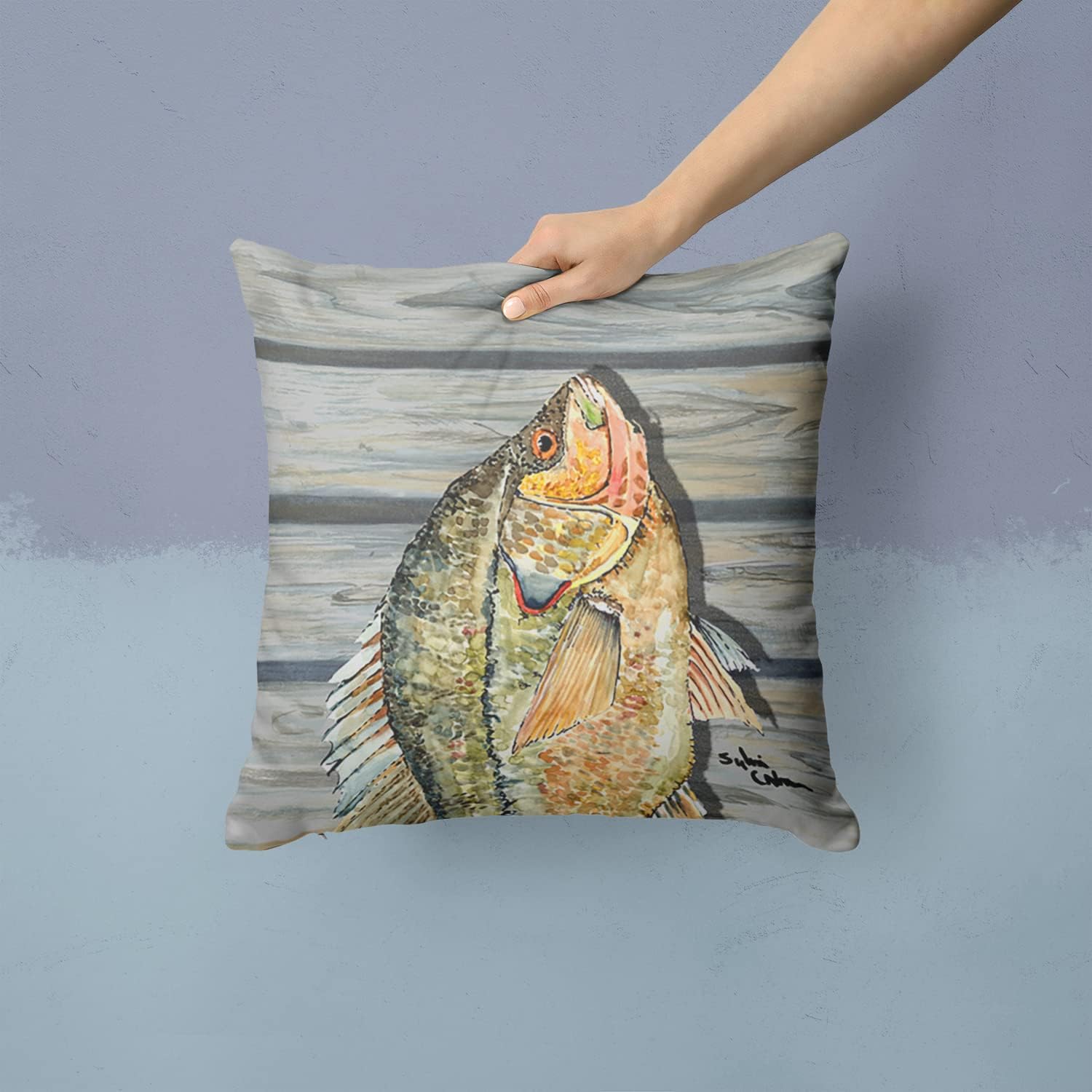 Caroline's Treasures 8498PW1414 Croppie Fish on Pier Fabric Decorative Pillow Machine Washable, Indoor Outdoor Decorative Pillow for Couch, Bed or Patio, 14Hx14W