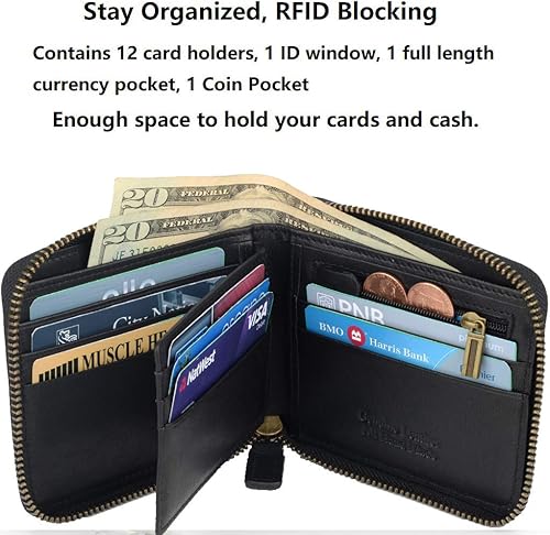 Miniatura 3 de Cartera de piel auténtica con cremallera y bolsillo para monedas, bloqueo RFID alrededor del bolsillo frontal, billetera plegable, regalo para