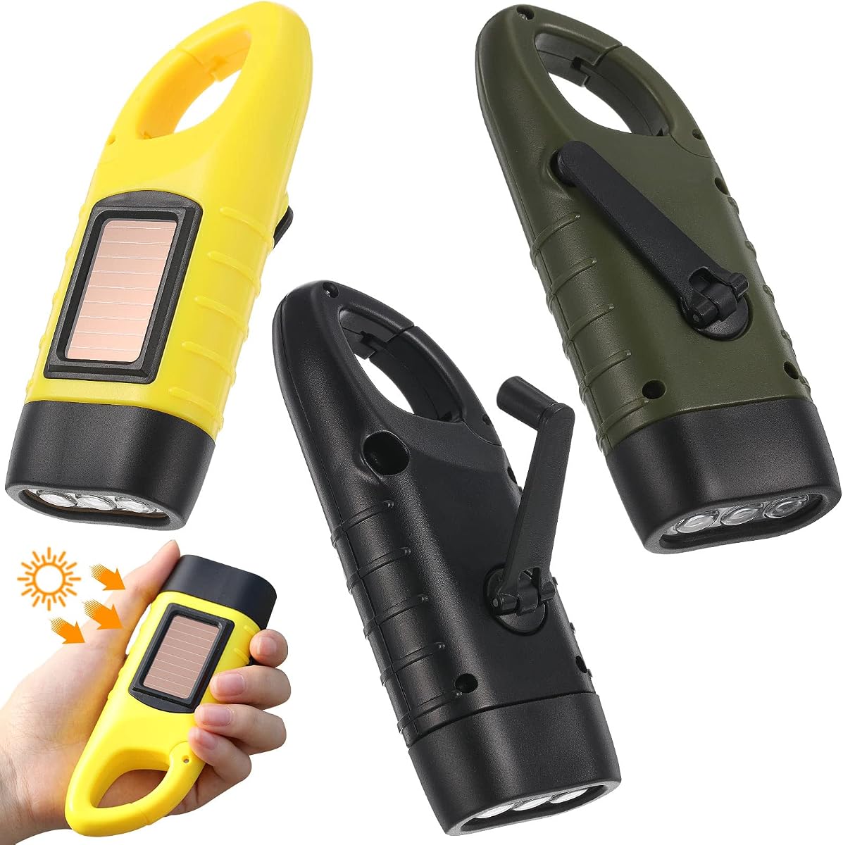 Mudder 3 paquetes de manivela linterna con energía solar linterna LED recargable de emergencia equipo de supervivencia antorcha de carga autoalimentada dínamo manual para pesca senderismo mochila camping seguridad en el hogar