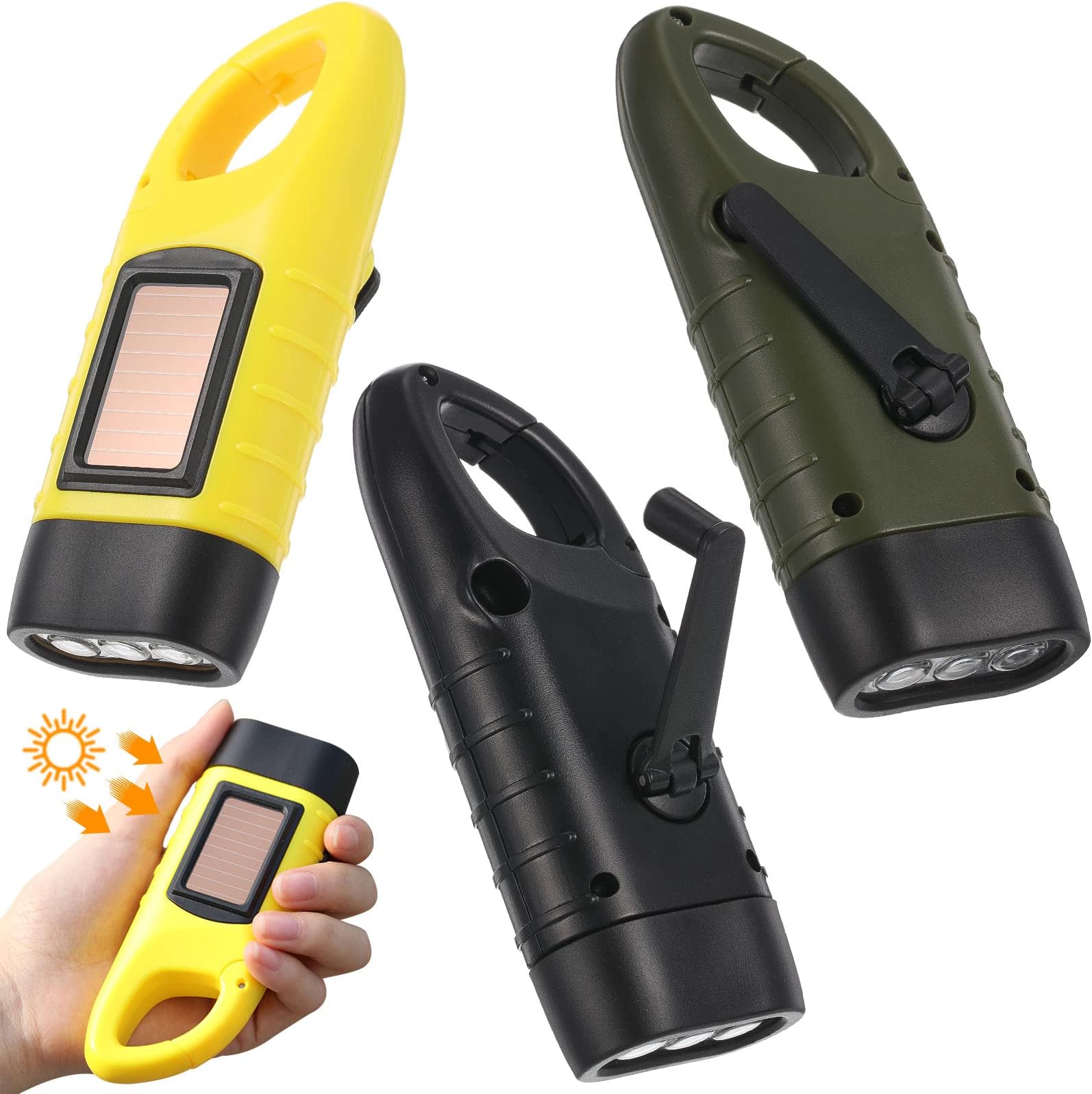 Mudder 3 Packs Hand Crank Solar Powered Flashlight Emergency Rechargeable LED Flashlight Survival Gear Self Powered Charging Torch Manual Dynamo for Fishing Hiking Backpack Camping Home Safety