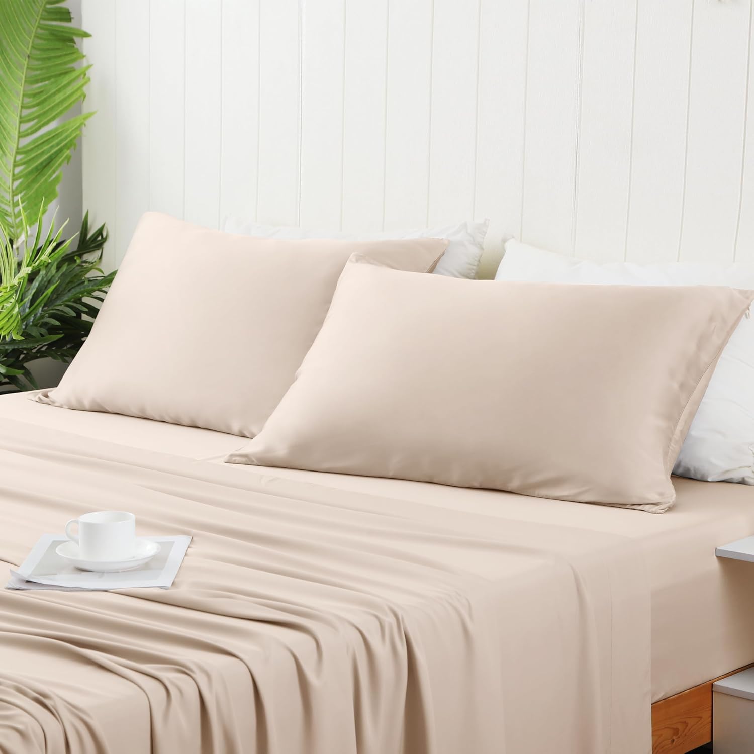 2 Pack Cooling Pillow Cases,Viscose Derived from Bamboo Pillow Protectors Standard Size Set of 2, 400 Thread Count Soft Silky Breathable Summer Pillow Cover with Zipper Hidden (2PCS, Standard, Beige) - Image 7