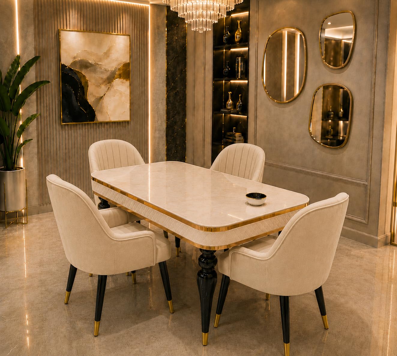 4 Seater Dining Table Set with Nano Composite Marble Top, Solid Wood Base & 6 Upholstered Chairs, Modern Dining Table Set for Home & Dining Room Furniture (Cream, White Marble Top, 4 Seater)-image-28