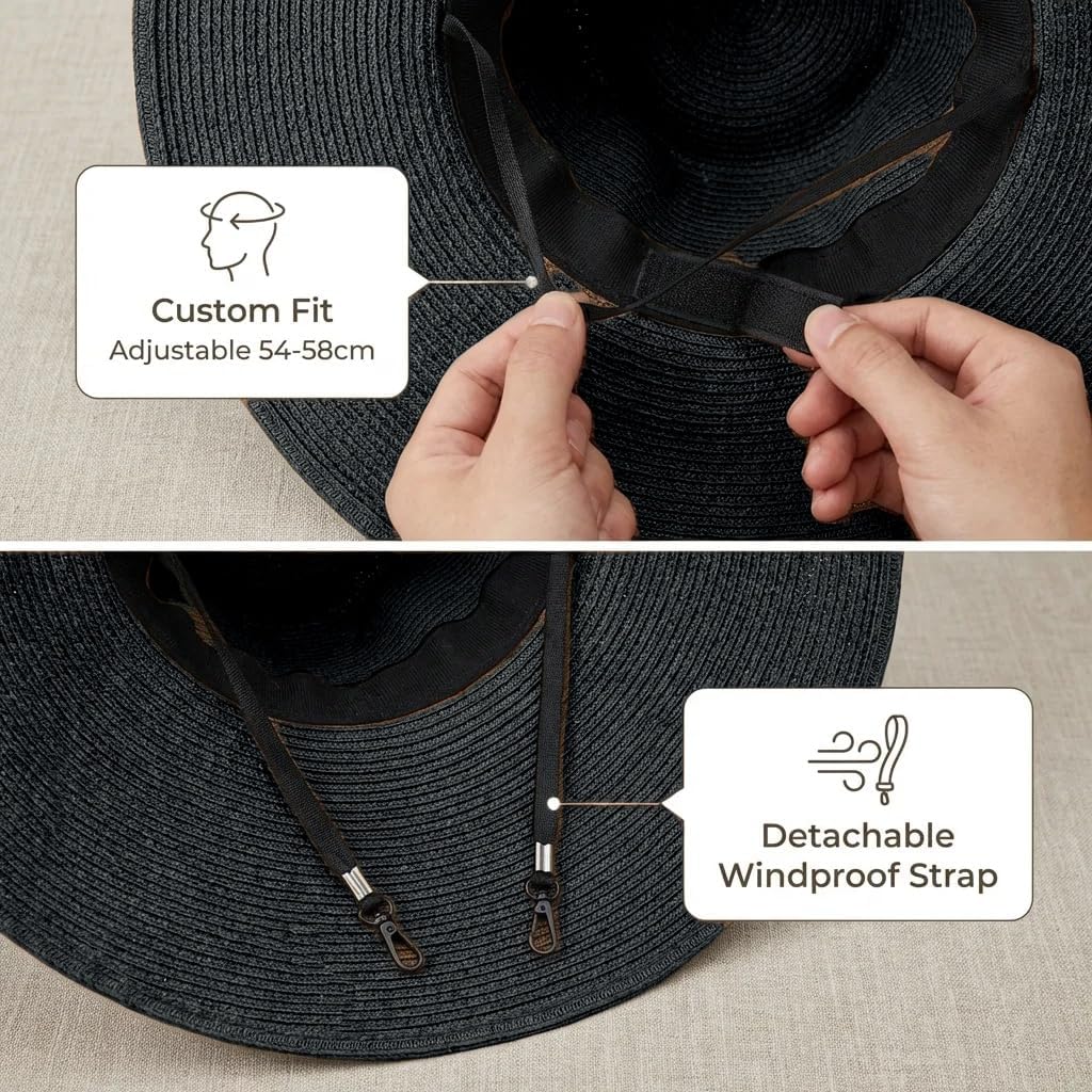 Women Wide Brim Straw Sun Hat, Packable Foldable Beach Hat with Windproof Chin Strap, Adjustable