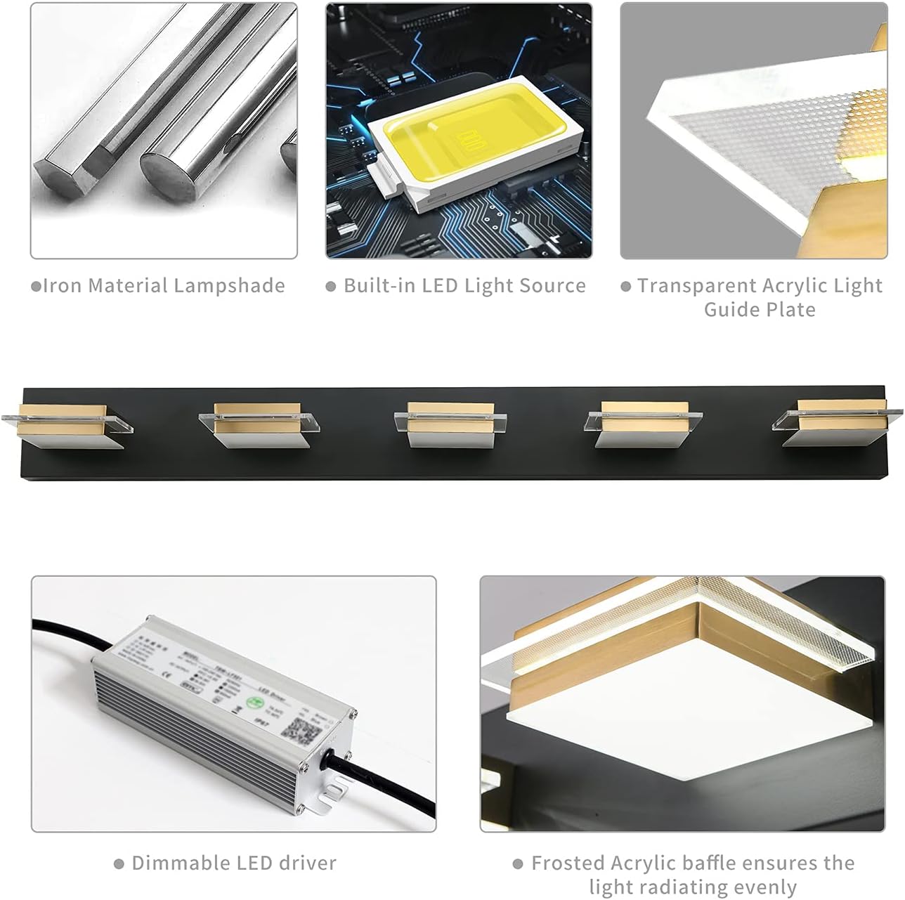 5 Light Bathroom Vanity Light Gold Black LED Dimmable Bath Light Over Mirror Golden Wall Sconce with Acrylic Lampshade,White Light 3000K-6000K,3 Color
