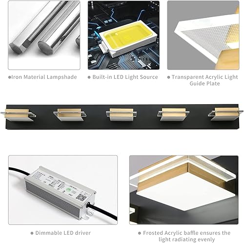 Miniatura 7 de Lámpara de tocador de baño de 5 luces, luz LED dorada y negra, regulable, sobre espejo, aplique de pared dorada con pantalla acrílica, luz blanca