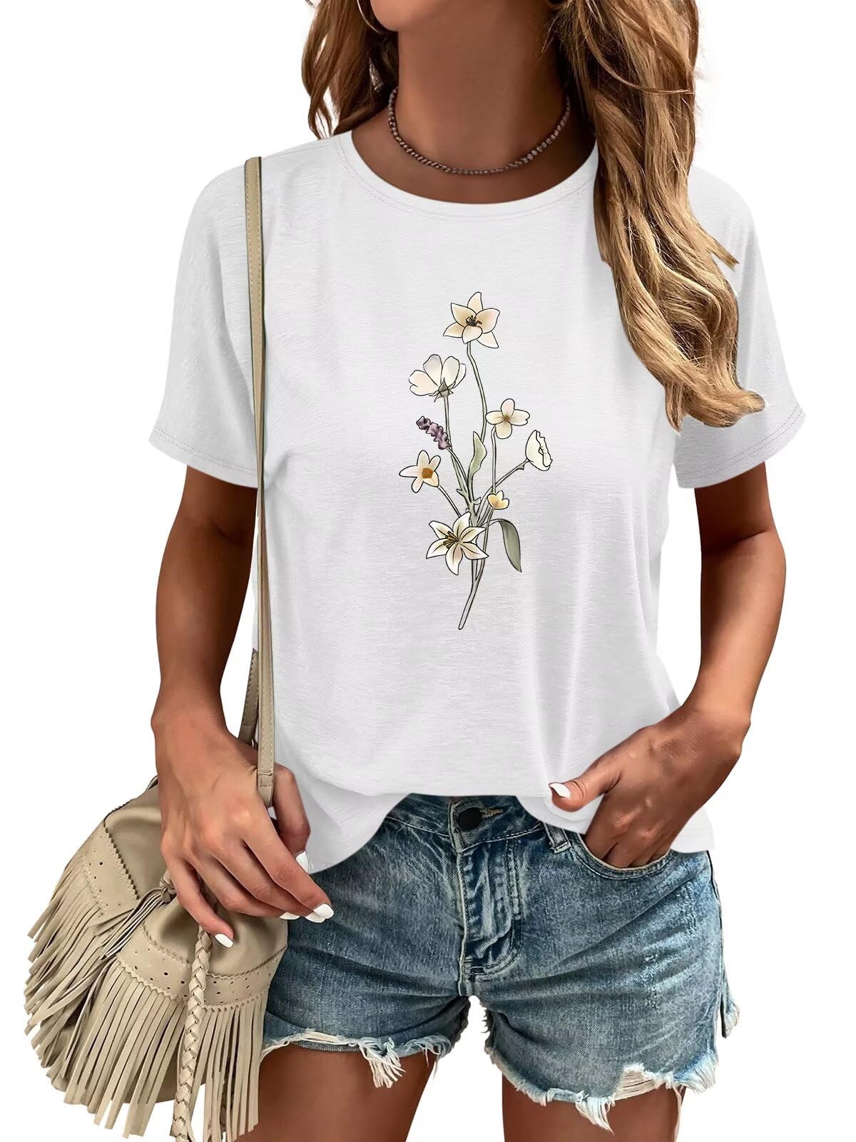 ORANDESIGNE Womens Flower Print T Shirt Graphic Short Sleeve Tees Crewneck Casual Shirts Summer Loose Fit Tops