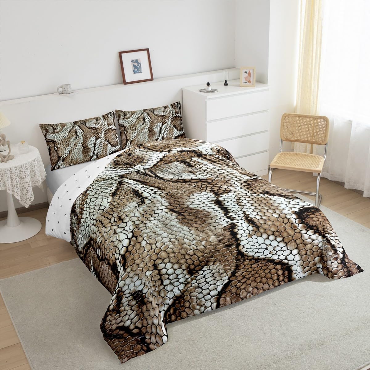 Snake Comforter Set Queen Brown Snakeskin Comforter Set for Woman Man Adult Wild Reptile Down Comforter Tropical Wildlife Duvet Filler Exotic Tribe Tropical Desert Wild Animals Bedroom Decor