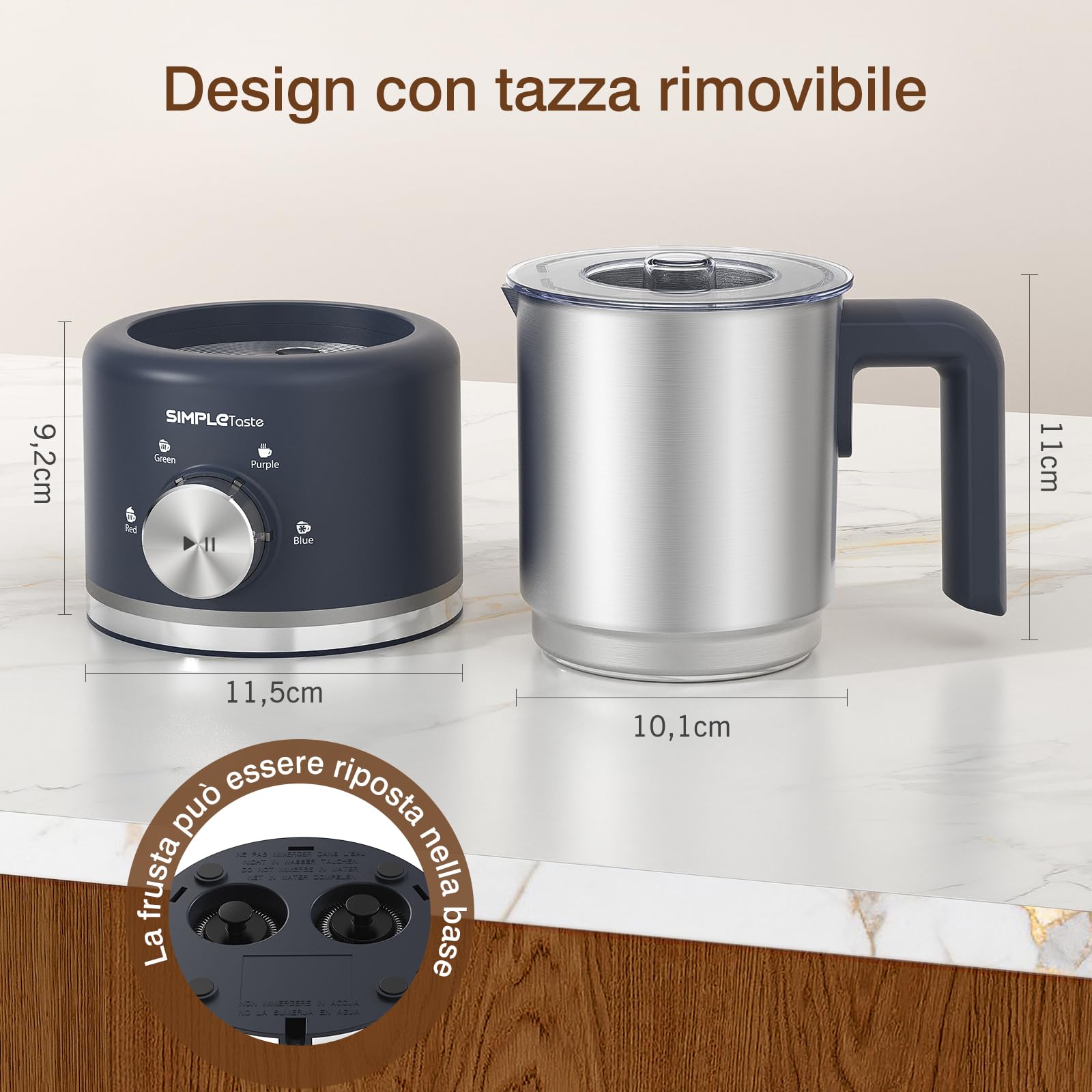 SIMPLETASTE Montalatte Elettrico 4 in 1, Bricco Rimovibile, 500 ml Schiumatore Automatico ad Alta Capacità per Latte Caldo e Freddo, Caffè, Latte, Macchiato, Cappuccino e Cioccolata Calda