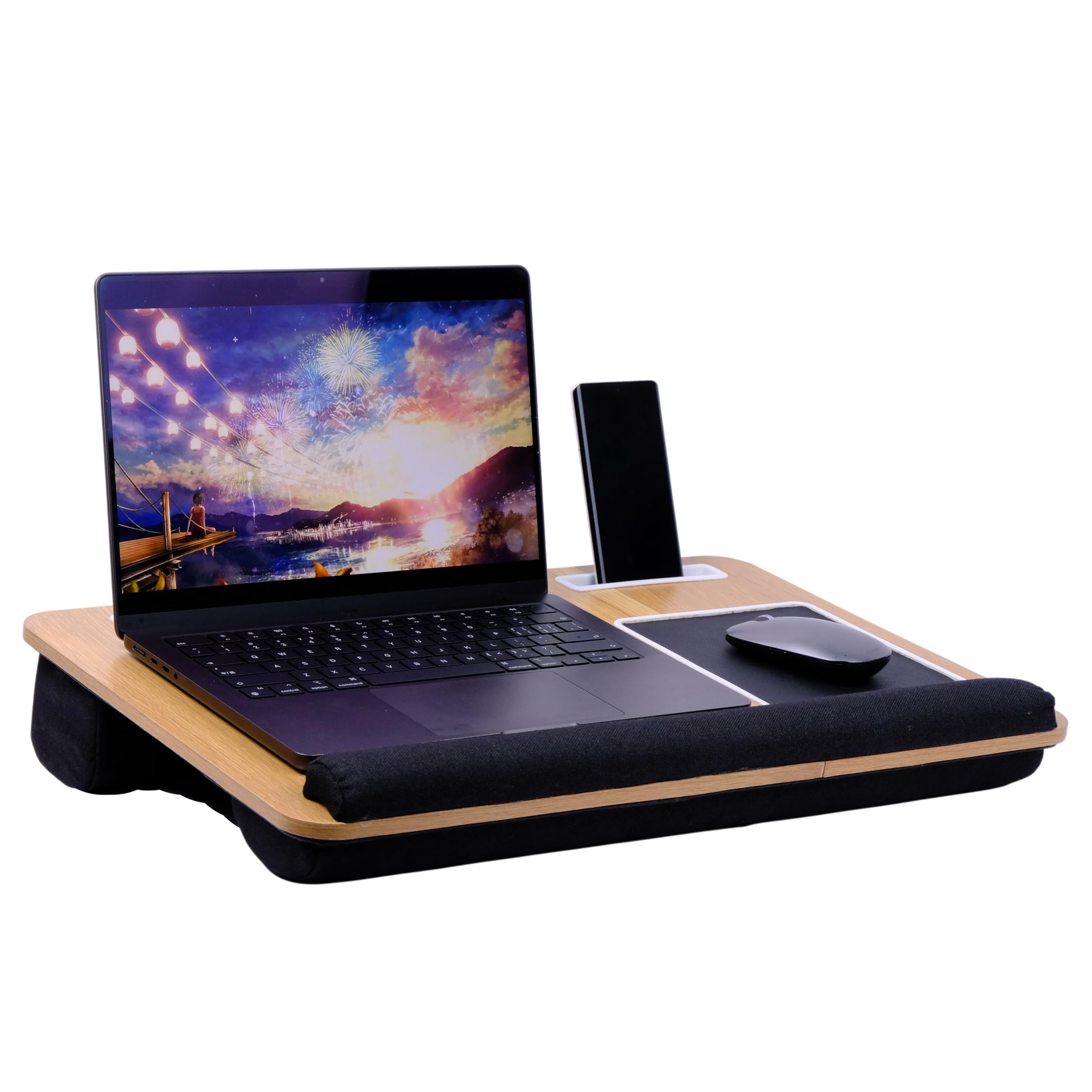 Laptopkissen für Bett & Sofa – Knietablett mit Kissen, Handyhalter & Handgelenkauflage - Passend bis 17" Laptop – Leicht & Komfortabel für Büro, Lernen & Entspannung(Black)