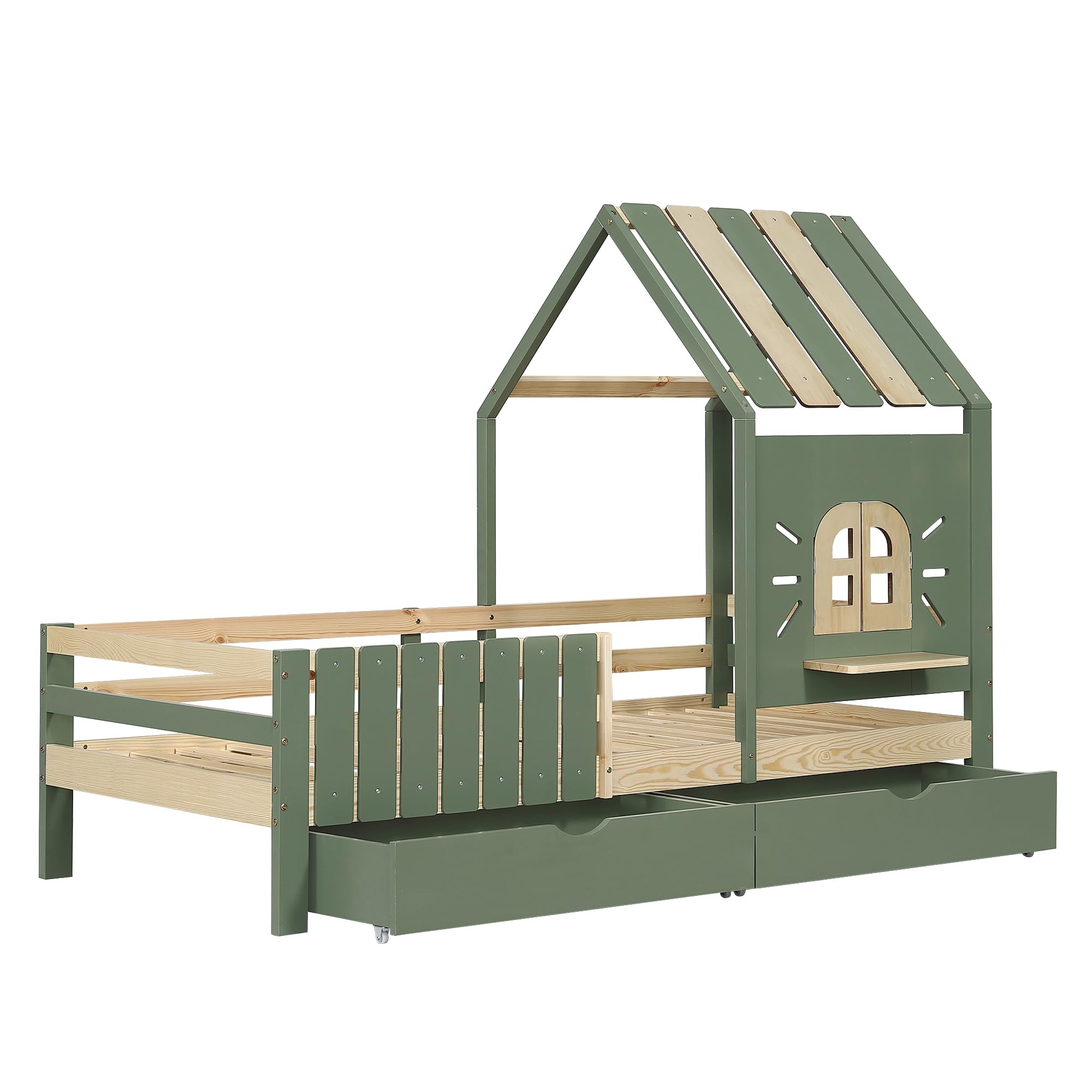 Kinderbett 90x200 cm, Holzbett mit 2 Schubladen, Hausbett mit Dach und Fenster, Bettgestell mit Lattenrost, für Mädchen Jungen, Grün, ohne Matratze
