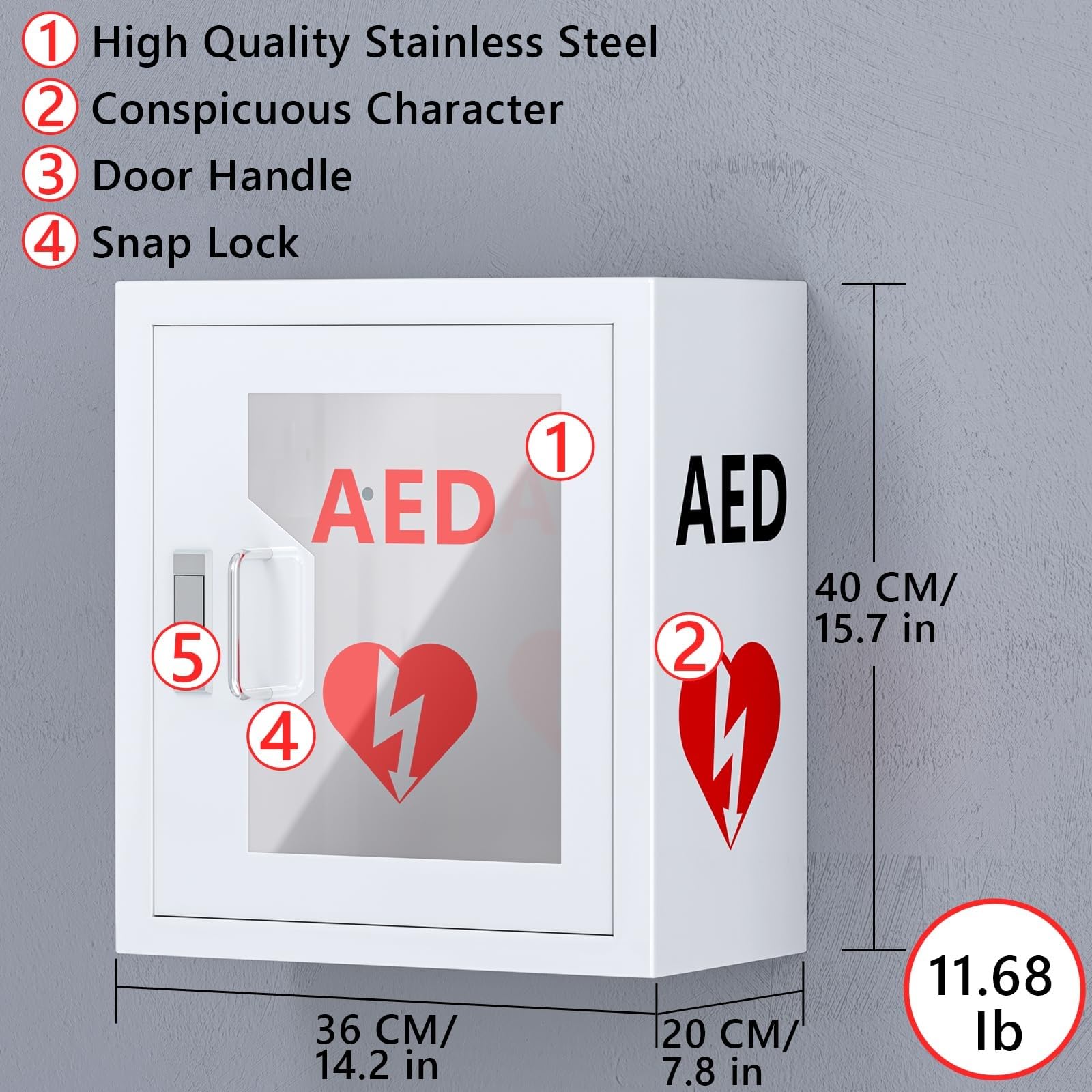 AED-Defibrillator-Schrank, wandmontierter AED-Aufbewahrungsschrank, Erste-Hilfe-Koffer, Herz-Defibrillationsbox mit Daumenverriegelung, passend für die meisten AED-Modelle, Notfall zu Hause, im Büro