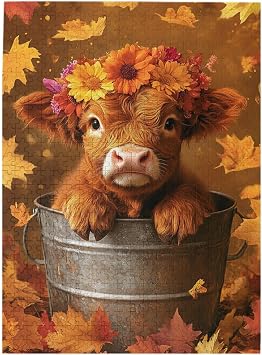 Highland Calf in Floral Crown, 500 Pieces Adult Wooden Jigsaw Puzzle, Rustic Metal Bucket, Autumn Maple Leaves, Warm Brown Tones, Charming Animal Portrait,Unique Artwork for Adult