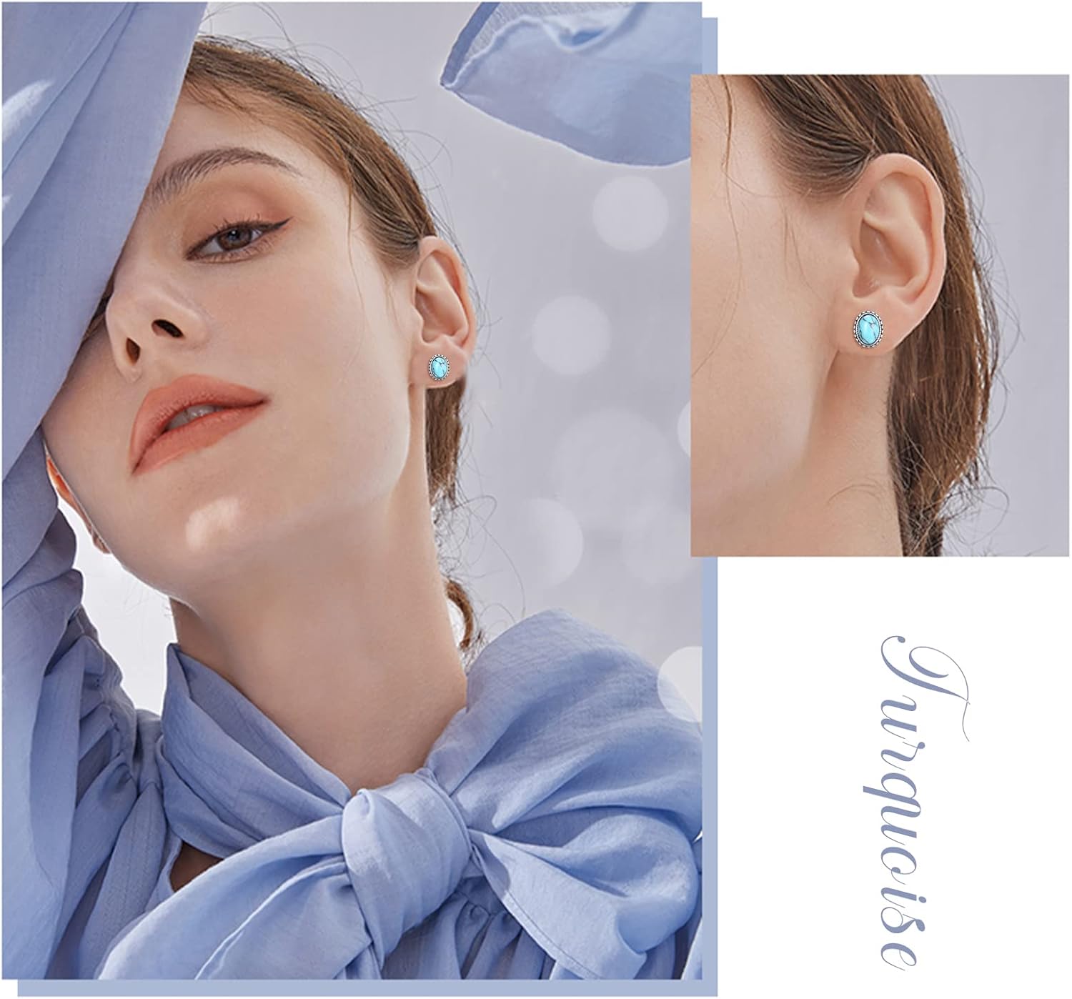 Turquoise Stud Earrings,S925 Sterling Silver Round/Oval Vintage Braids Circle Turquoise Earrings,Blue Gemstone Bohemian Ethnic Tribal Jewelry for Women Graduation - Image 6