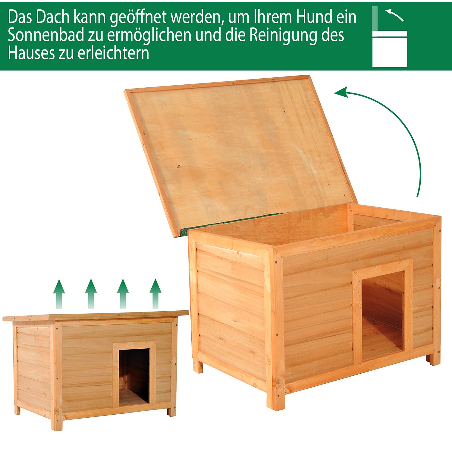 PawHut Hundehütte Outdoor, Hundehaus aus Holz mit Aufklappbares Asphaltdach, wasserdichte Hundehöhle mit Erhöhter Boden Hütte für kleine Hunde, Gelb, 82 x 58 x 58 cm