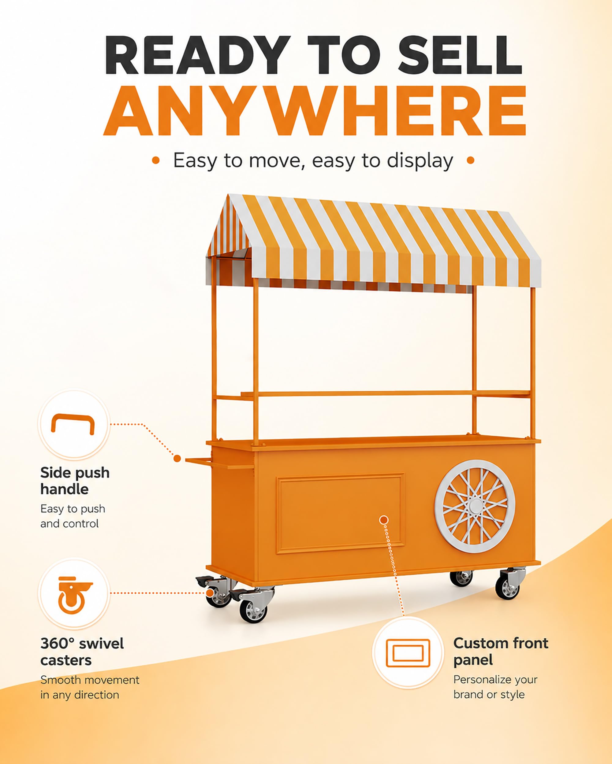 Przenośny wózek z daszkiem, komercyjny mobilny wózek uliczny dla sprzedawców jedzenia, stoisko sprzedażowe, kiosk wystawowy z zamykanymi kołami, do rynku, ulicznych przekąsek i wydarzeń