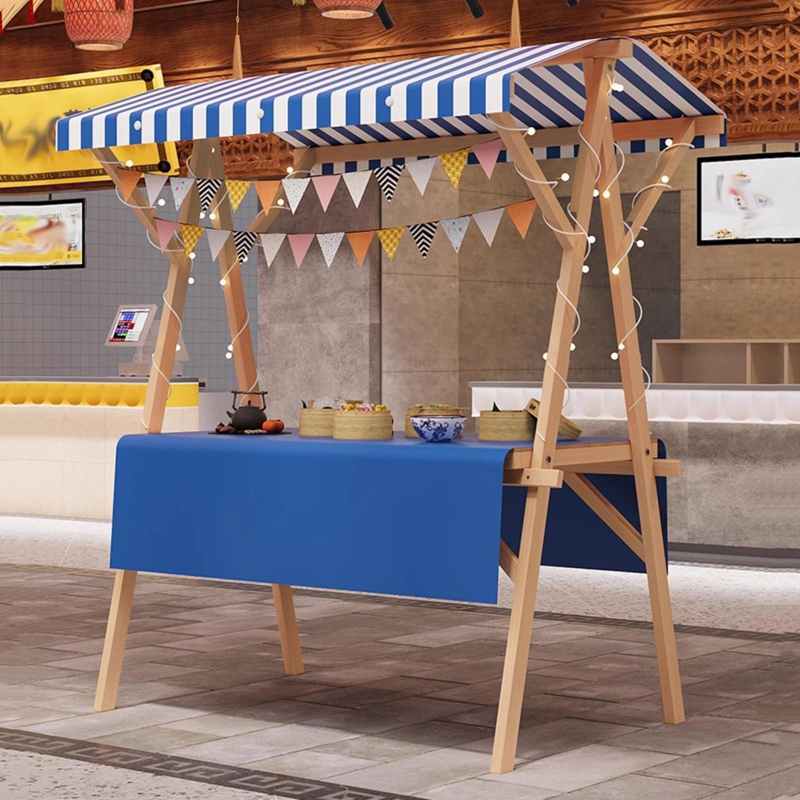 Stand de marché pliable bleu 120cm pour la vente ambulante de boissons