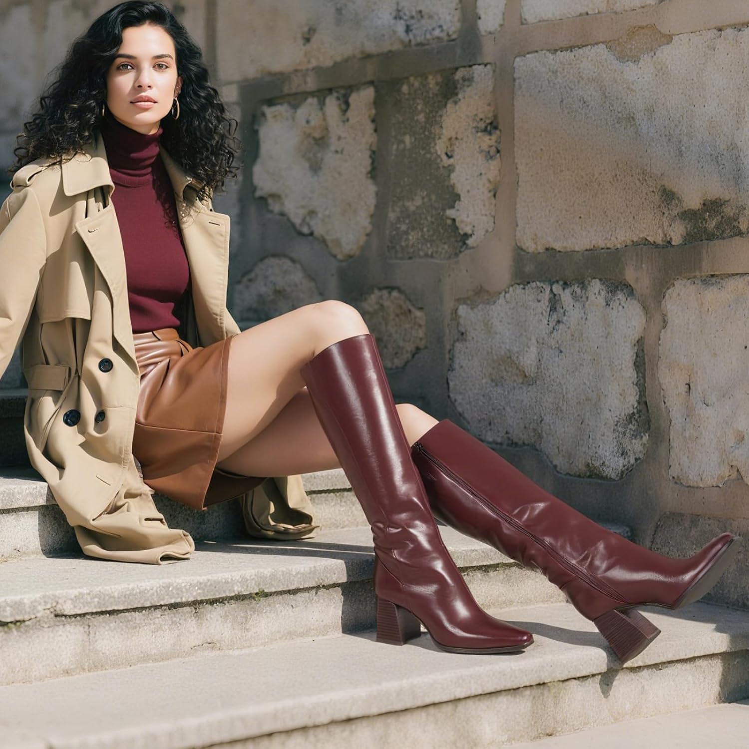 Kalstage Women's Knee High Boots Square Toe Chunky Fall Boots Comfortable Zip Up Dress Heeled Tall Boots for Women - Image 3