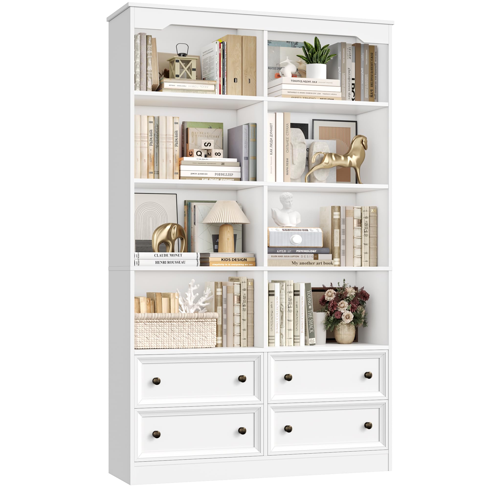 FirFurd Bookcase 180cm Tall Bookshelf with Drawers Living Room Bookcase 8 Open Compartments Free Standing Display Shelf Tall Shelving Unit for Home Office 180x100x30cm White