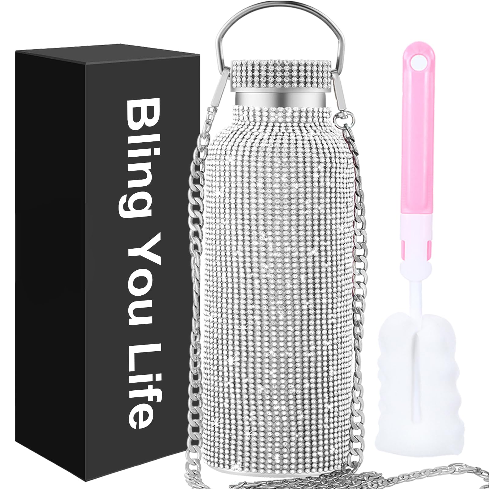 WINCHERRIA Rhinestone Water Bottles,Bling Cup，Rhinestone tumbler,Bling Water Bottle Rhinestone with 55In Chain，Sparkly Gifts for Women,Bedazzled cup