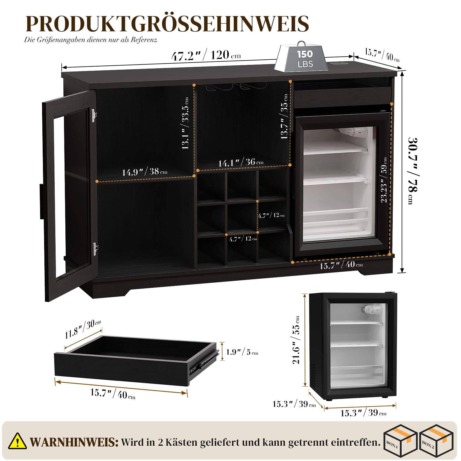 BROTTAR Barschrank mit Kühlschrank (inklusive), weinkühlschrank mit LED-Beleuchtung, Getränkeschrank Sideboard mit Bewegungssensor, Weinschrank für Wohnzimmer Küche Esszimmer (Schwarz)
