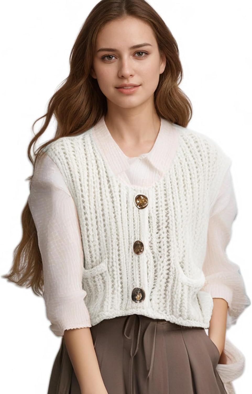 Hixiaohe Womens Crochet Chunky Knit Top Sleeveless Button Down Crop Tops Trendy Cardigan Sweater Vest for Women with Pockets - Image 2