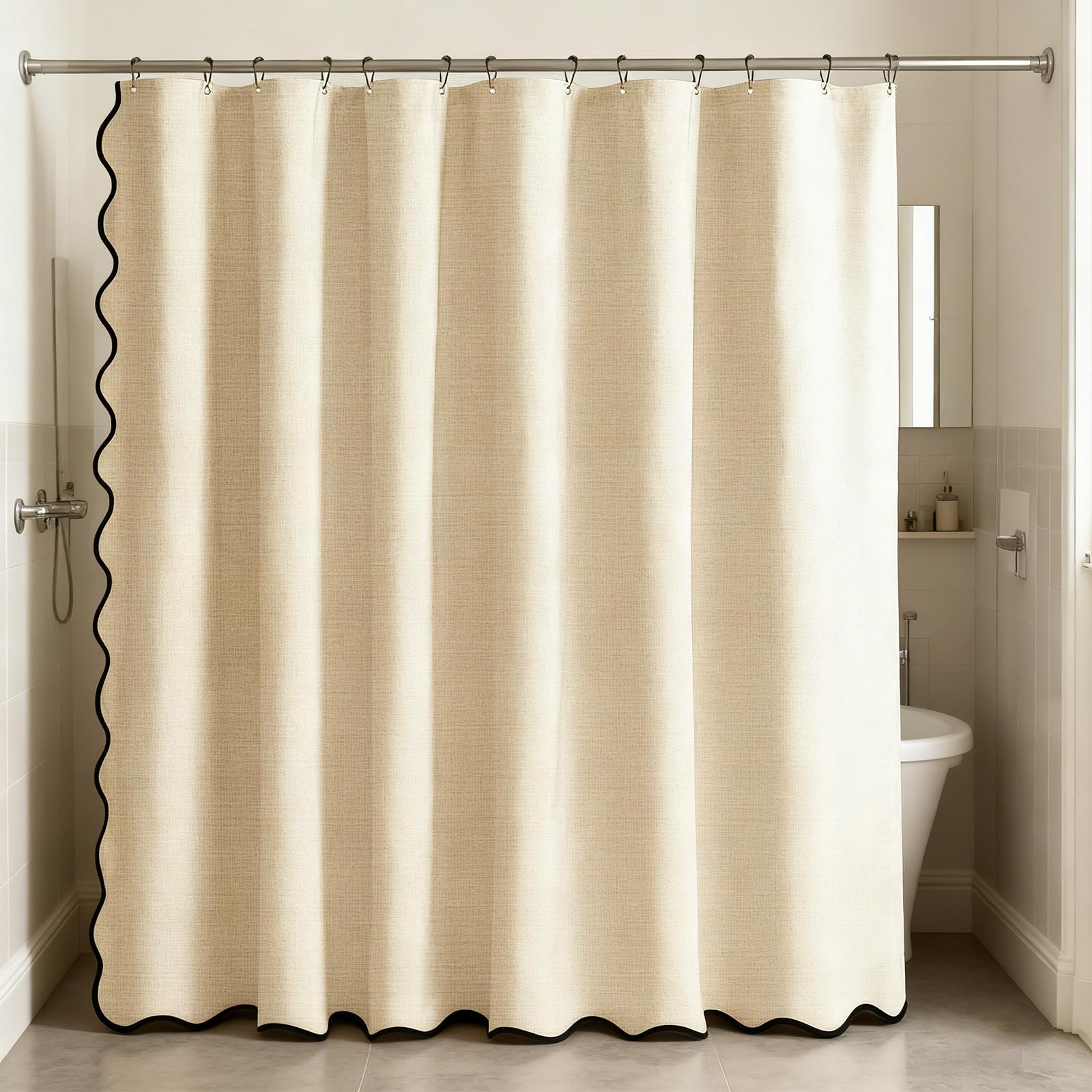 Braun Duschvorhang 180×180cm Duschvorhang Leinen Struktur Shower Curtain Wellenförmiger Rand Badevorhang Badezimmer Vorhänge Duschvorhänge Wasserdicht mit 12 Duschvorhangringe, für Badezimme