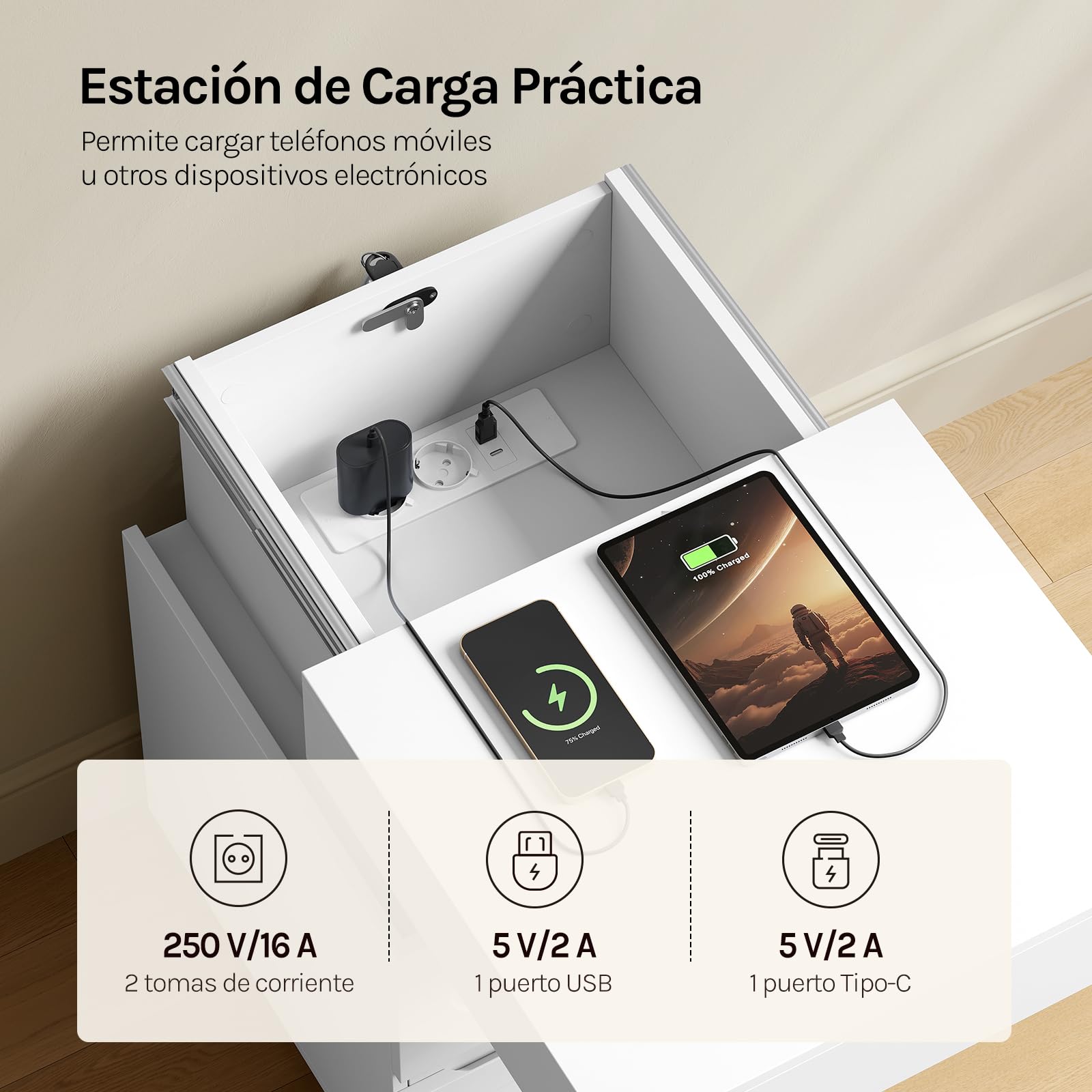 WOLTU Mesita de Noche con Luces LED y Estación de Carga, Mesilla Noche de 2 Cajones y 1 Espacio Oculto con Cerradura, Ajuste por Bluetooth/Control Remoto, 45x40x58 cm, Blanco