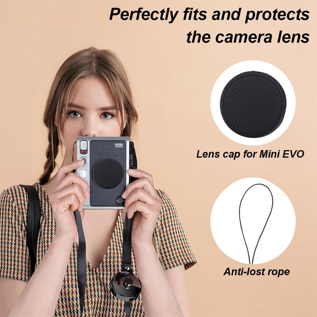 Copriobiettivo in Metallo per Fotocamera Mini EVO, Accessori Mini EVO in Alluminio, con Superficie in Pelle e Morbido Interno Eva, Nero