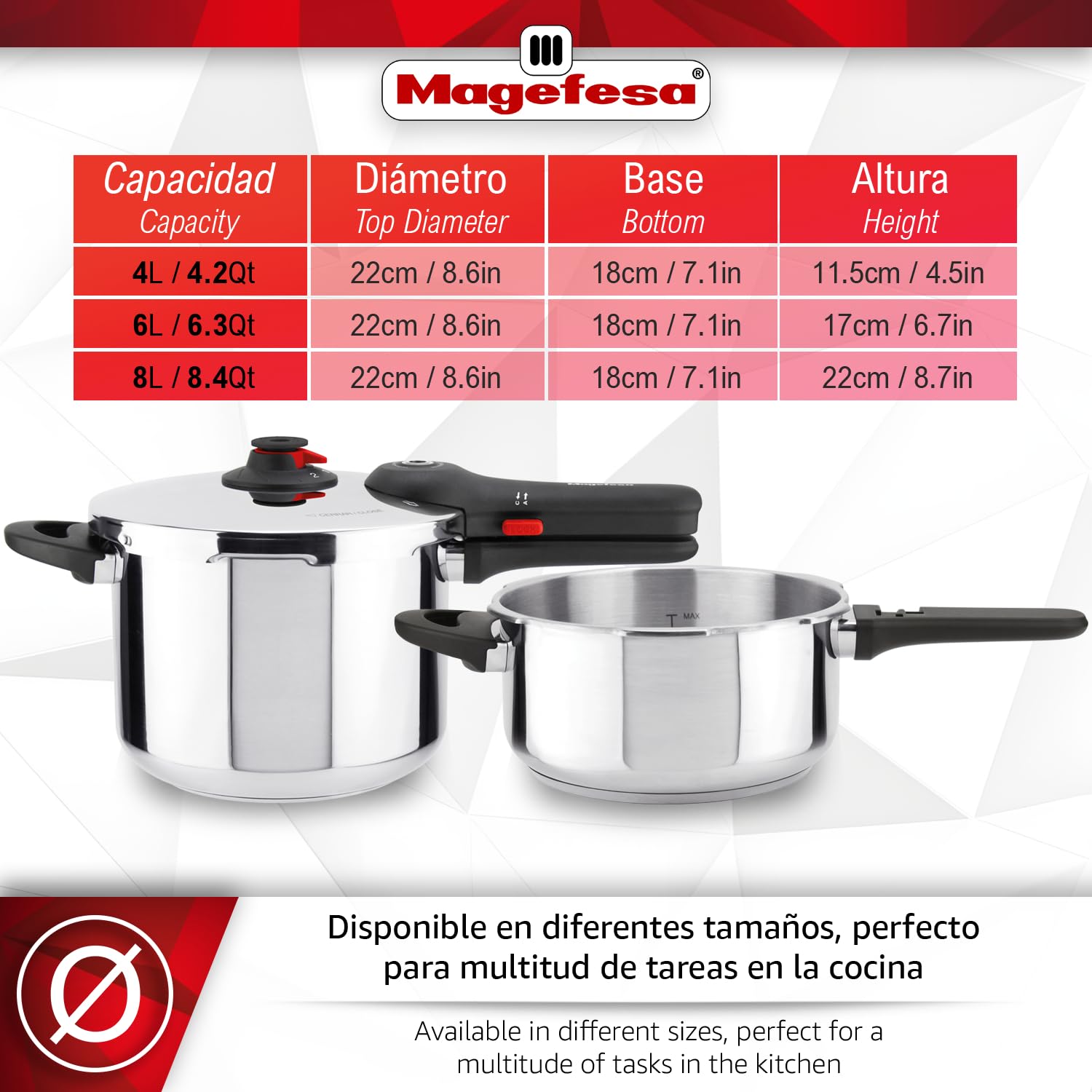 Magefesa EasyClick - Olla Express Rápida de 6 Litros, Acero Inoxidable 18/10, Apertura Fácil, Todo Tipo de Cocinas, Inducción, 2 Modos de Presión