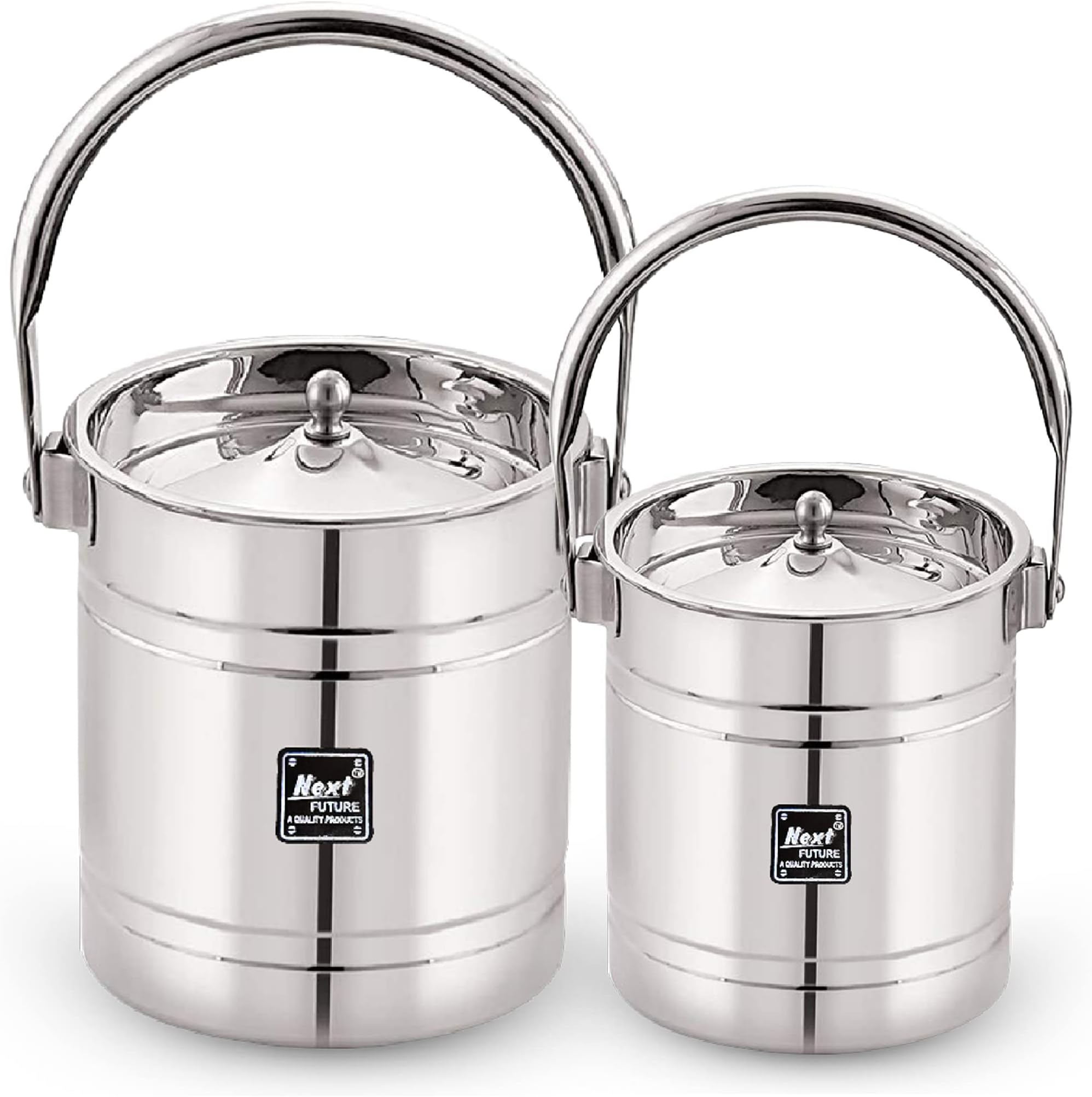 Next Future Premium Stainless-Steel Milk Can Set - 2 Litre & 3 Litre Container/Pot/Oil Can/Dolchi/Ketali/Barni With Handle and Airtight Lid for Home and Kitchen, Set of 2